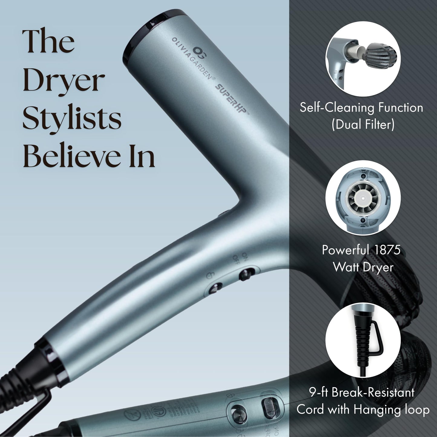 Light Steel Blue Olivia Garden 1875W SuperHP Professional Hair Dryer for All Hair Types - Quiet, Fast Drying Blow Dryer - Powerful Ionic Generator - 5 Attachments, Including 2 Comb and 1 Diffuser Attachments