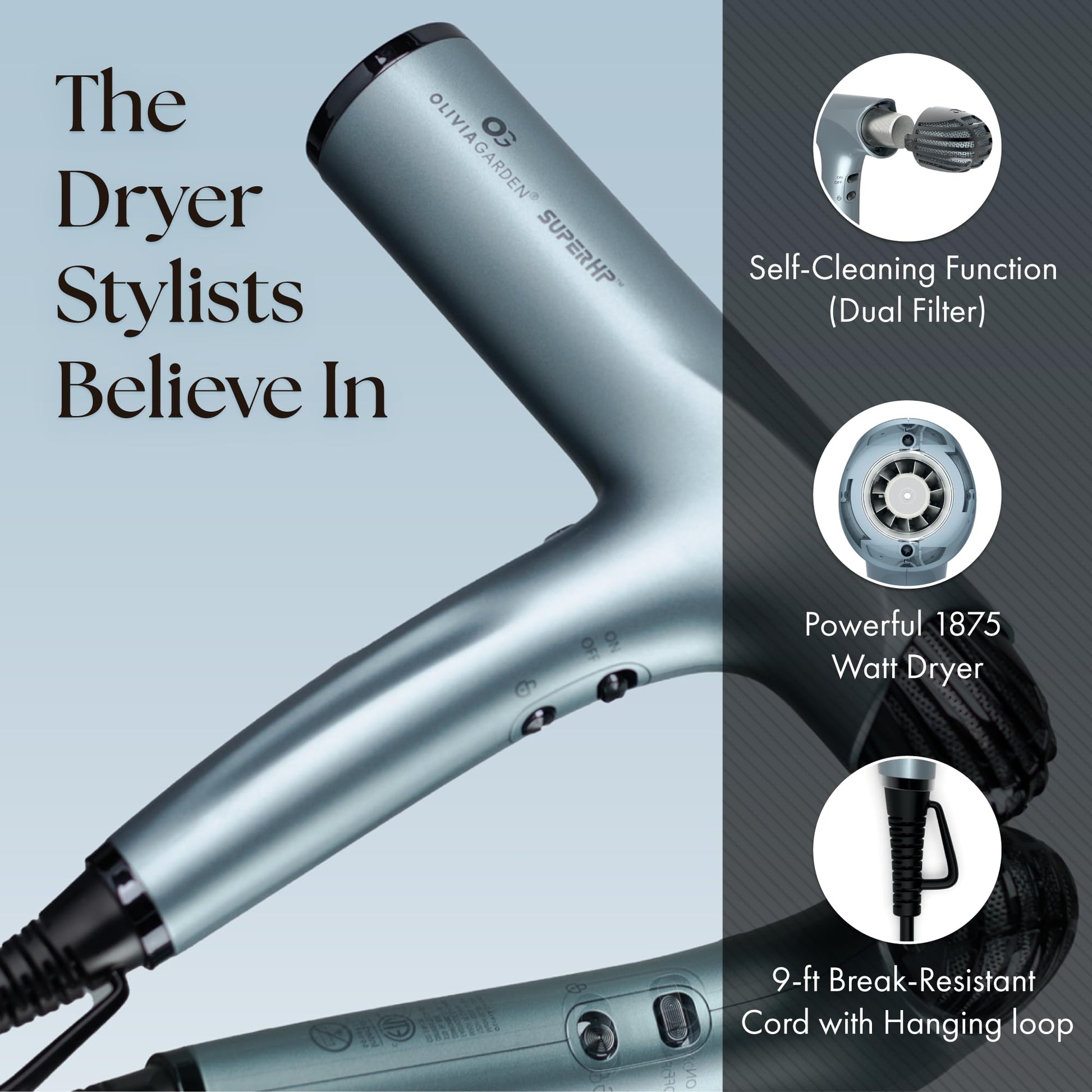 Light Steel Blue Olivia Garden 1875W SuperHP Professional Hair Dryer for All Hair Types - Quiet, Fast Drying Blow Dryer - Powerful Ionic Generator - 5 Attachments, Including 2 Comb and 1 Diffuser Attachments