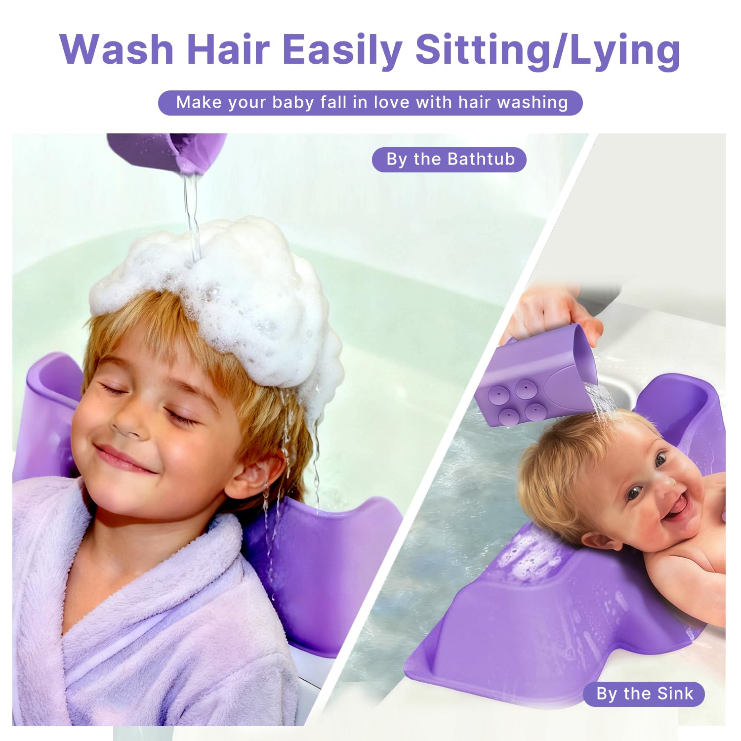 White Smoke Silicone Portable Hair Washing Station for Kids,Toddlers and Elderly,Shampoo Basin/Bathtub Shampoo Basins, Attached Shampoo Brush and Bath Rinse Cup,Neck Support Shampoo Bowl for Sink at Home (Purple)