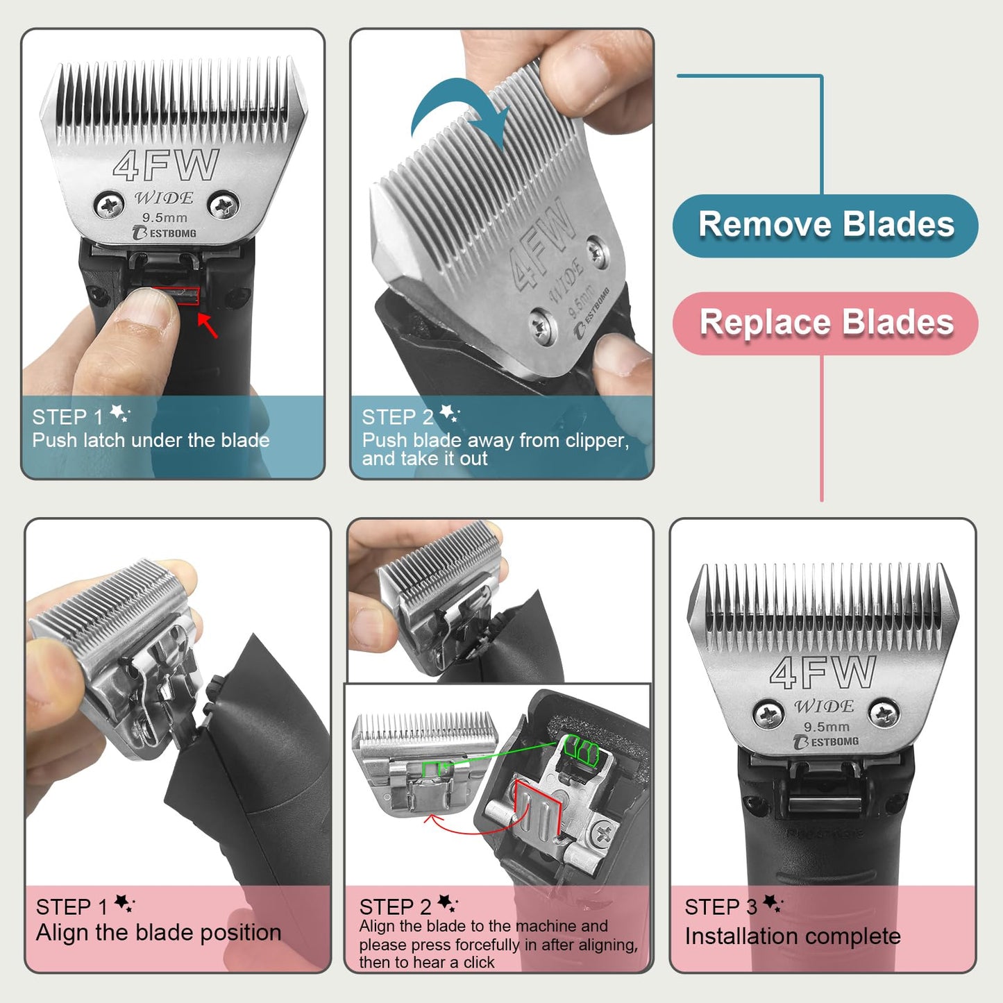 White Smoke Size 30W+10W+7FW+5FW+4FW Wide Detachable Pet Dog Grooming Blades Kit,Compatible with Andis,Oster A5,Wahl km10 Clippers,5 Pack