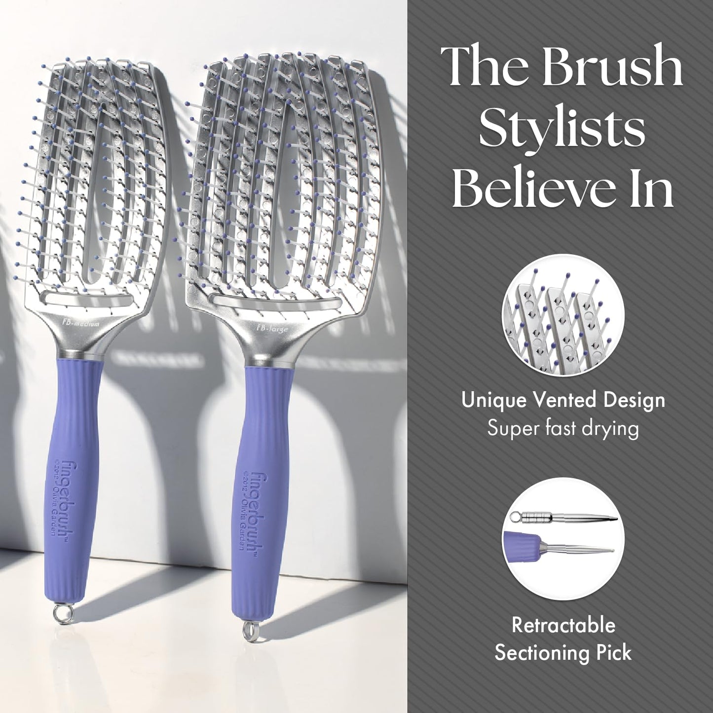 Dim Gray Olivia Garden Fingerbrush Curved and Vented Paddle Brush for Blow Drying - Ideal for Styling and Detangling All Hair Types - Scalp Massager Brush, 3-Piece Kit