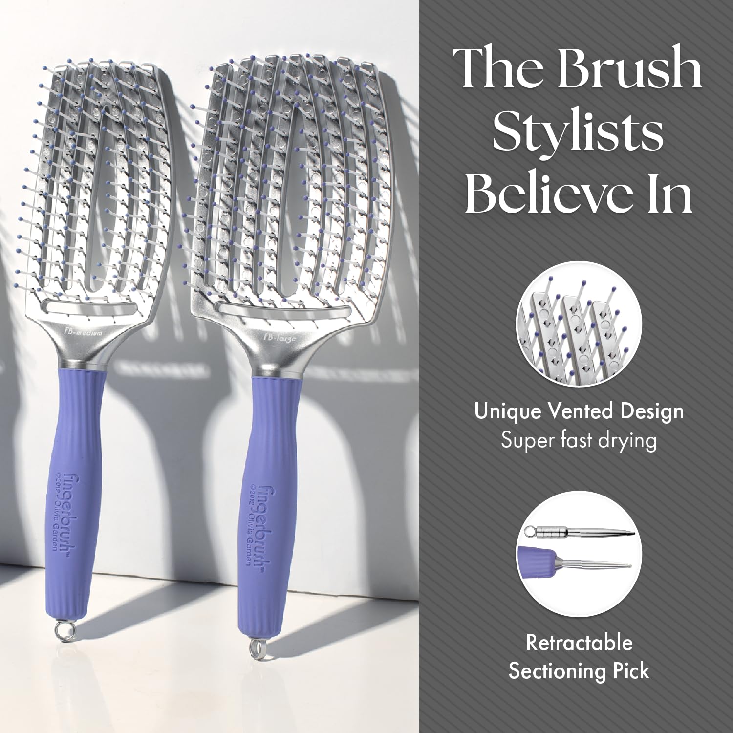 Dim Gray Olivia Garden Fingerbrush Curved and Vented Paddle Brush for Blow Drying - Ideal for Styling and Detangling All Hair Types - Scalp Massager Brush, 3-Piece Kit