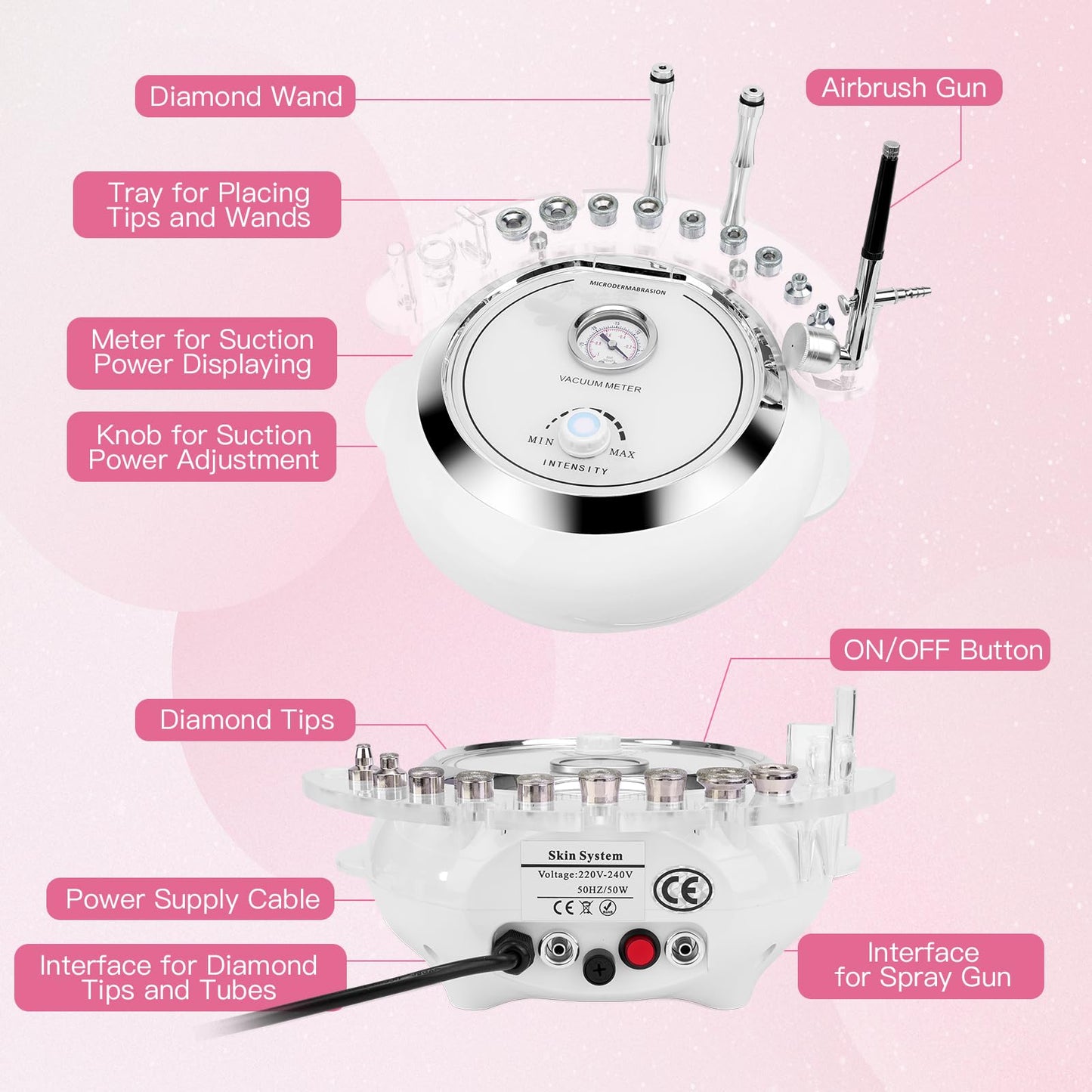 Misty Rose 3 in 1 Diamond Machine, TopDirect Facial Skin Care Salon Equipment Beauty Device with Spray Gun (Strong Suction Power: 65-68cmhg)