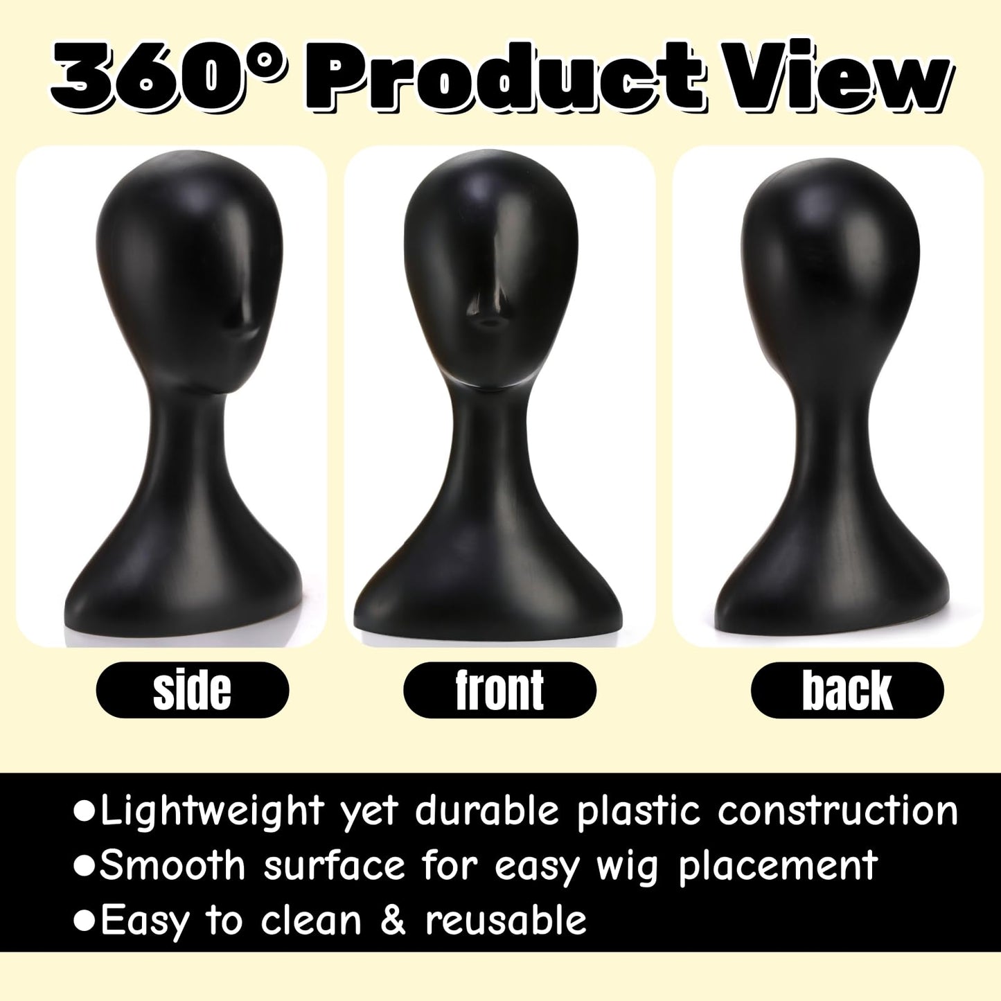 White Smoke Acshio Professional Plastic Mannequin Head, 16 Inch Model Wig Head Stand with Neck for Women Men, Styling Making Display Holder with Jack for Hat, Mask, Headdress, Necklace, Black