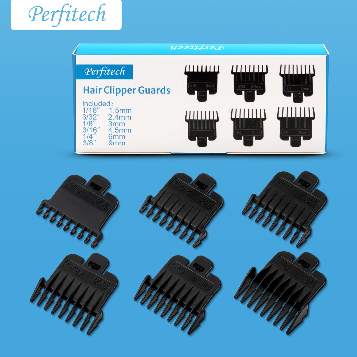 Cornflower Blue 6Pcs Hair Clipper Guards Compatible with Baybliss FX787 and Andis T Outliner G, GO, GTO, ORL, LS2, LS3, PLS, PMT-1, RT-1, SLII, Trimmer Guards Replacement - 1/16" to 3/8", Black Color