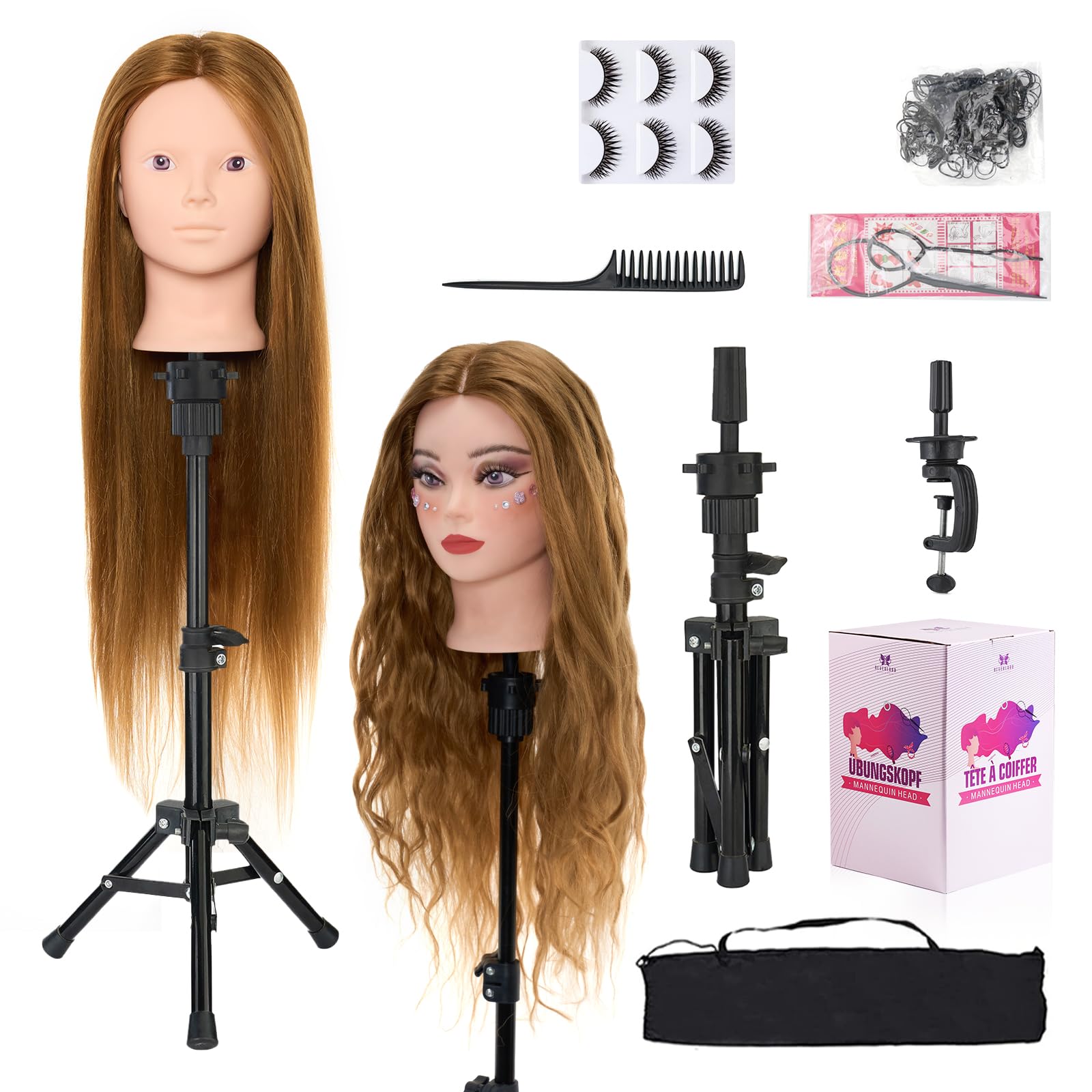 White Smoke Mannequin Head 80% Human Hair with Tripod Stand,28 Inch Make up Cosmetology Manikin Practice Doll Head,Braiding Hairdressing Head with Table Clamp + DIY Hair Styling Set