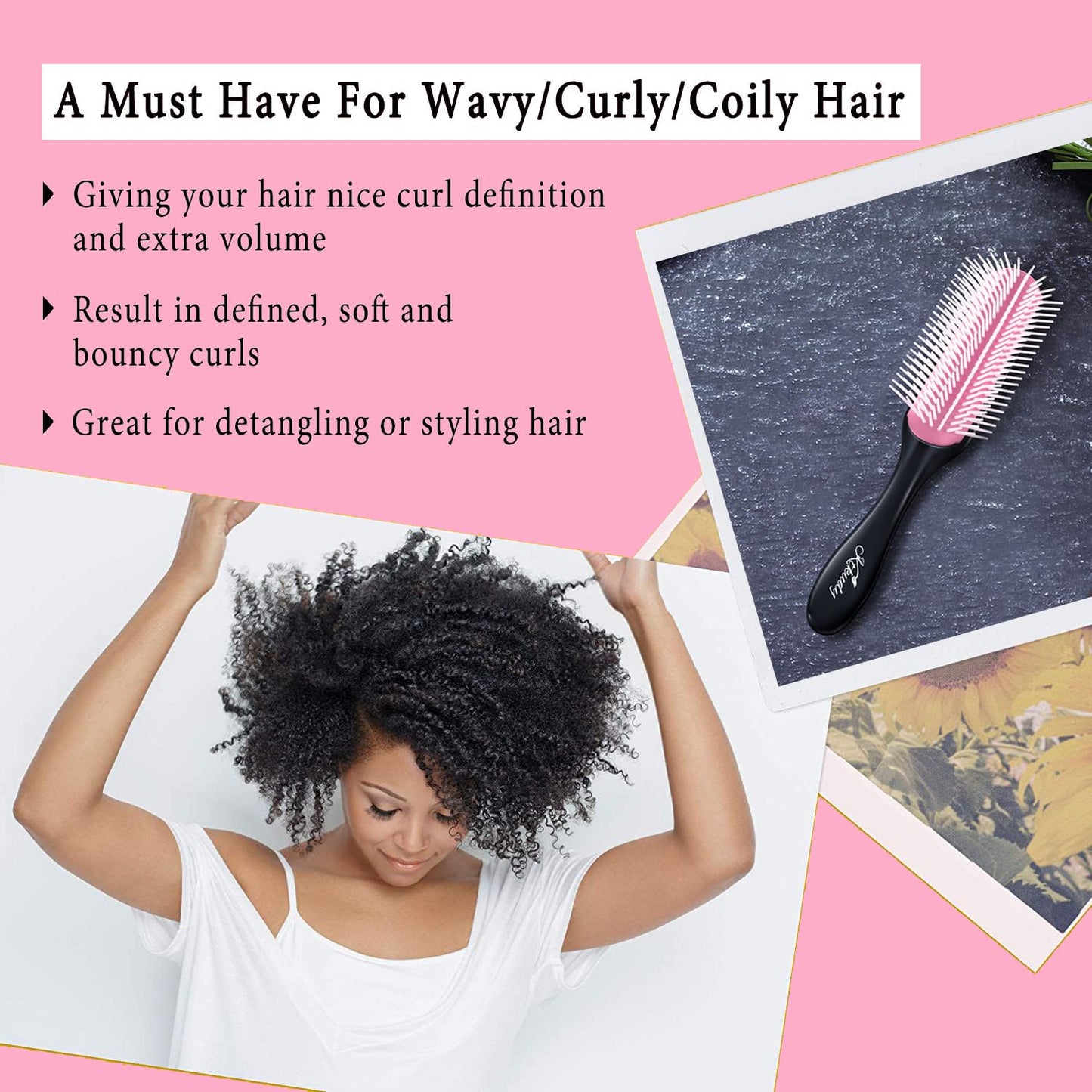 Light Pink KTKUDY 9 Row Defining Brush for Shaping and Finishing Curls - Detangling Blow-Drying Brush for Thick, Wavy or Coily Hair (Black&Pink)