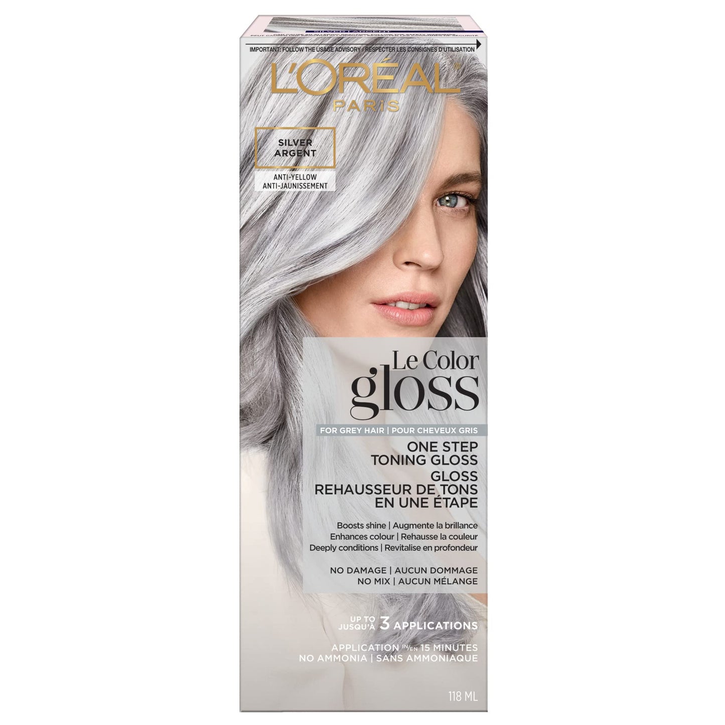 Gray L’Oreal Paris Le Color Gloss One Step In-Shower Toning Hair Gloss, Neutralizes Brass, Conditions & Boosts Shine, Silver, 4 Ounce