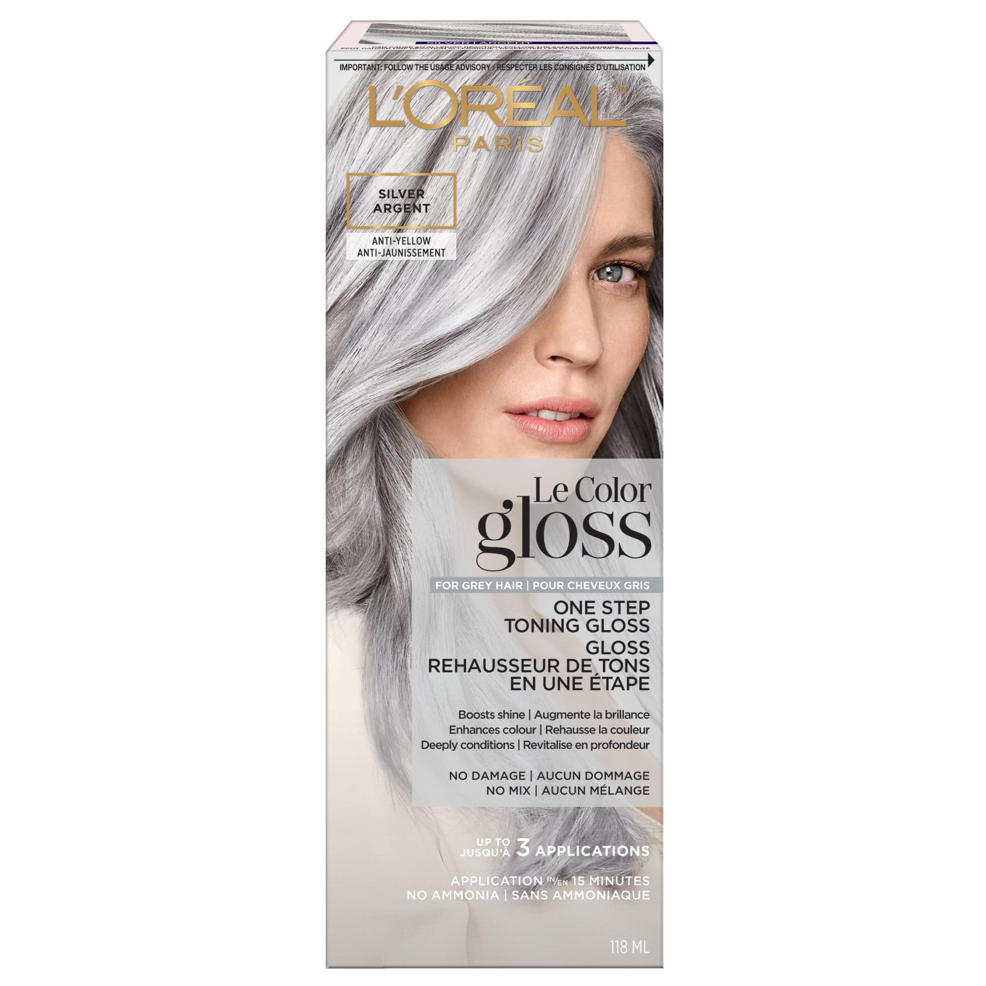 Gray L’Oreal Paris Le Color Gloss One Step In-Shower Toning Hair Gloss, Neutralizes Brass, Conditions & Boosts Shine, Silver, 4 Ounce