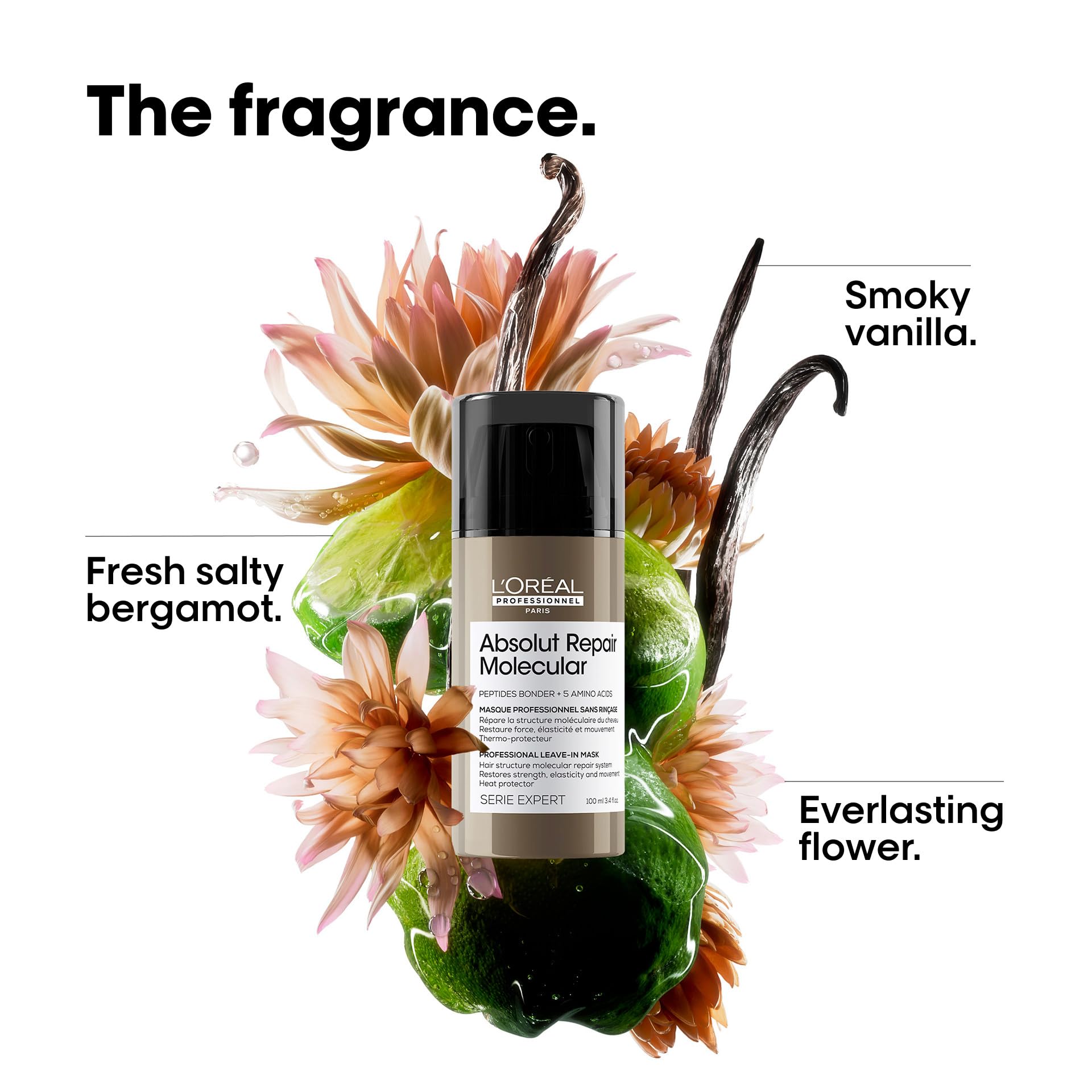 White Smoke L'Oréal Professionnel Paris Absolut Repair Molecular Leave In Mask - Smooths and Strengthens Hair For All Damaged Hair Types, Provides Heat Protection