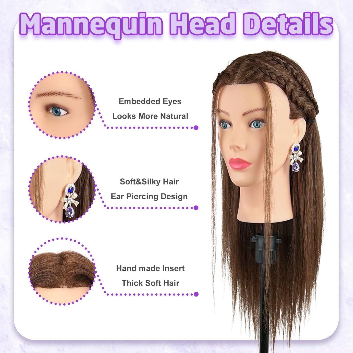White Smoke Mannequin Head Human Hair - Cosmetology Manikin Doll Head with 100% Real Hair for Hairdresser Practice Styling Braiding & Free Clamp Holder (Dark Brown)