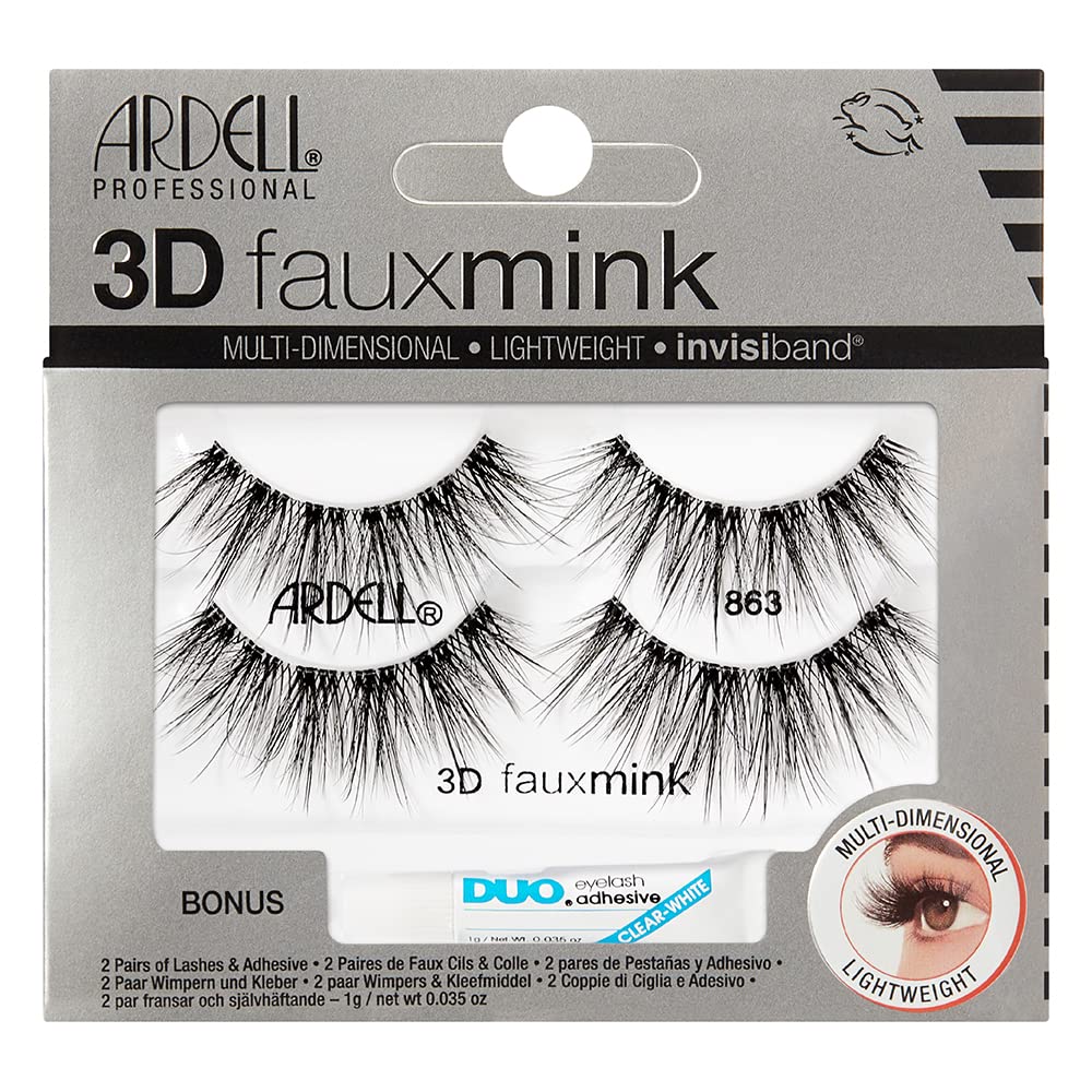 Dark Gray Ardell 3D Faux Mink Lashes 863 with Duo Lash Adhesive Pipette, 1g - Long-Lasting, Natural Look False Eyelashes, 1 Pack