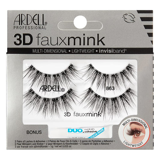 Dark Gray Ardell 3D Faux Mink Lashes 863 with Duo Lash Adhesive Pipette, 1g - Long-Lasting, Natural Look False Eyelashes, 1 Pack
