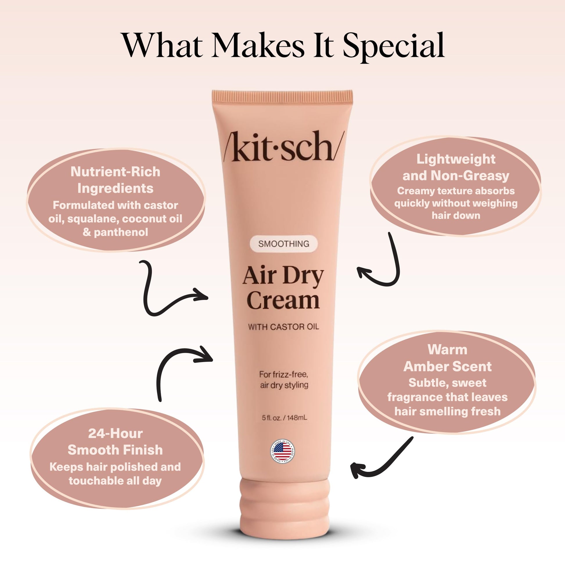 White Smoke Kitsch Smoothing Air Dry Cream for Hair – Frizz Control Hair Care Product with Castor Oil & Coconut Oil – Weightless Styling Cream - Enhances Natural Texture Appearance | Ideal Gifts for Women – 5 oz