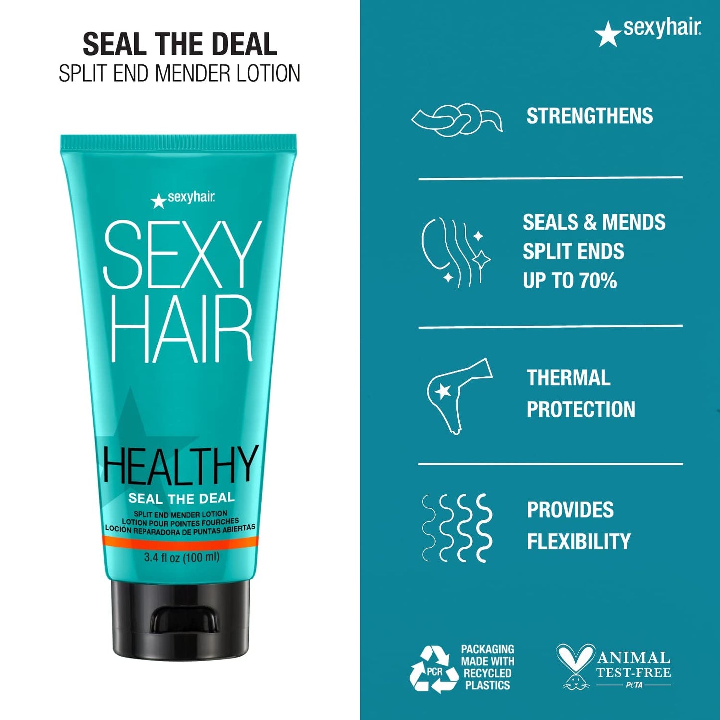 Dark Cyan SexyHair Healthy Seal the Deal Split End Mender Lotion, 3.4 Oz, Mends Split Ends, All Hair Types