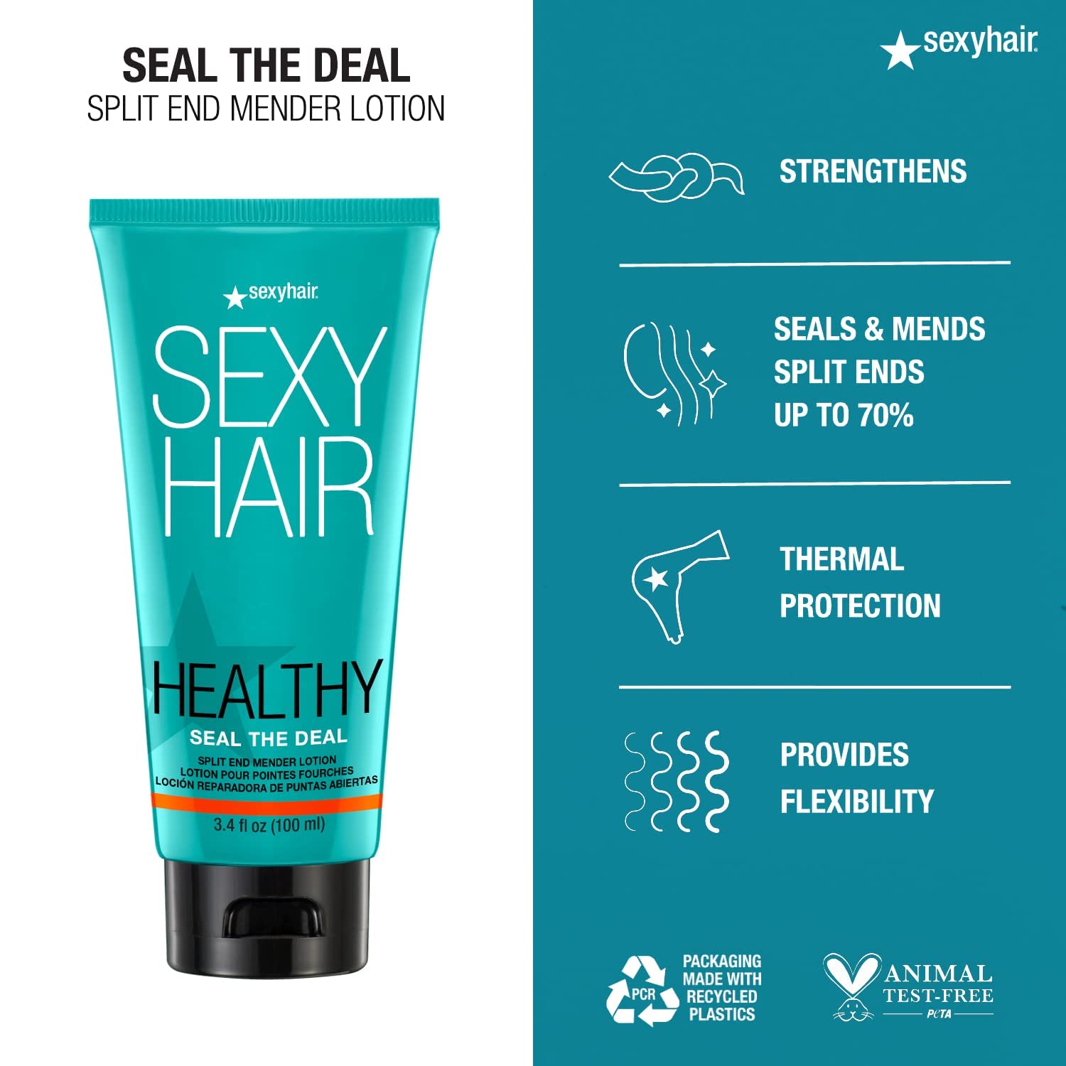 Dark Cyan SexyHair Healthy Seal the Deal Split End Mender Lotion, 3.4 Oz, Mends Split Ends, All Hair Types