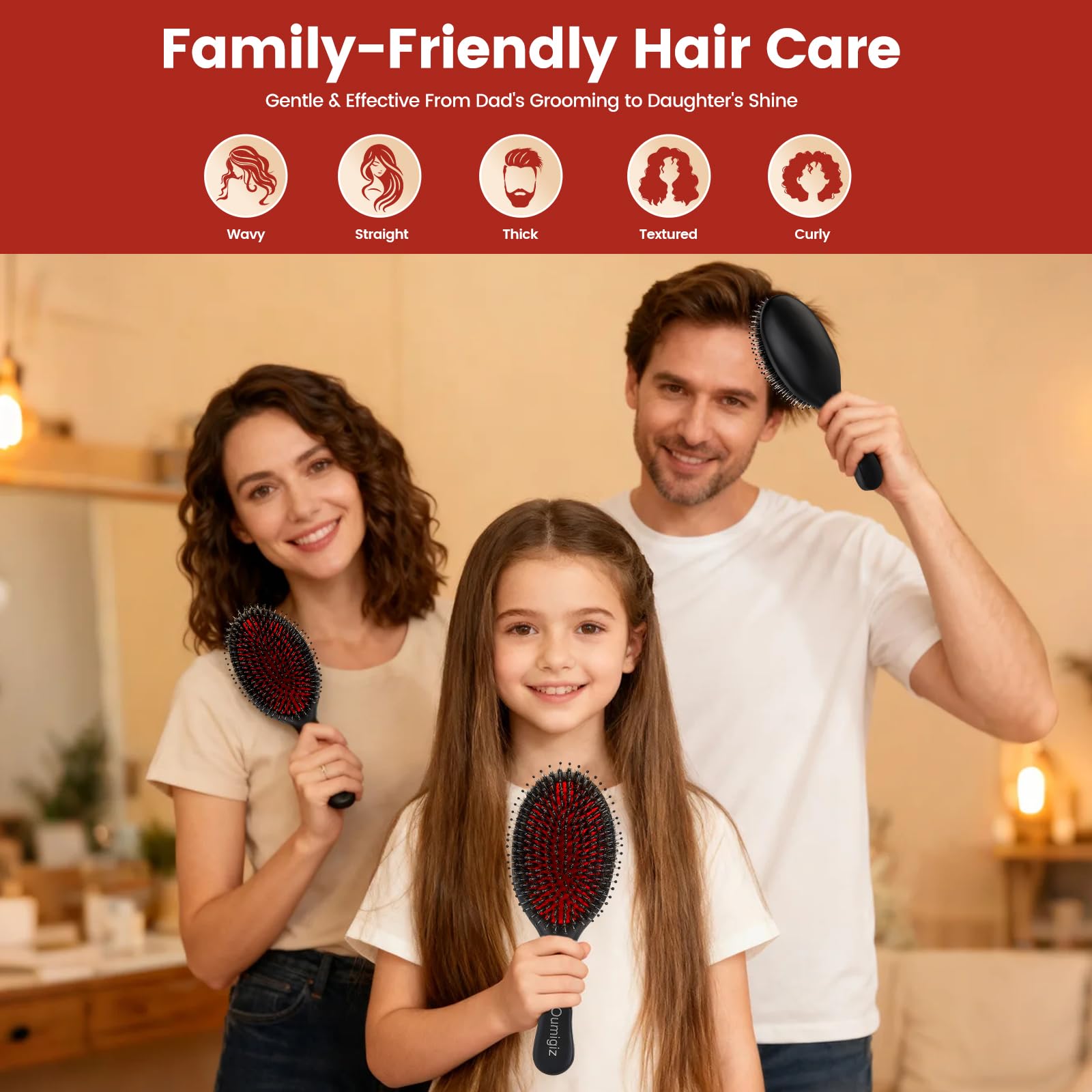 Tan OUMIGIZ Boar Bristle Hair Brush Since 1965 British Craftsmanship, Handmade Natural Wood Slick Back Hairbrush, Soft Bristles Gentle Detangling Smoothing Women Men Kids Long Curly Thick,Thin, Fine Hair