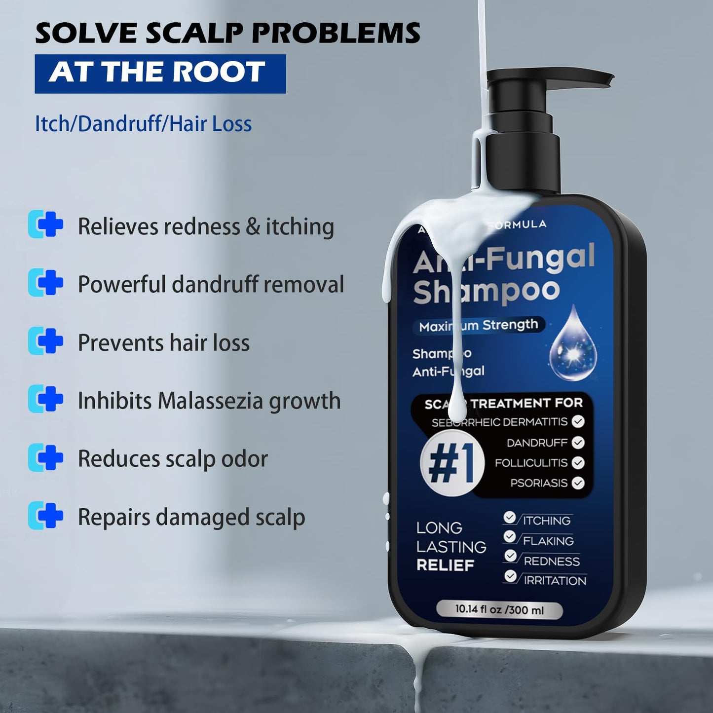 Dark Gray Antifungal Psoriasis Shampoo for Seborrheic Dermatitis, Folliculitis & Scalp Psoriasis, Anti-Dandruff Shampoo for Men & Women, Relieves Scalp Itching, Dryness, Sulfate & Paraben-Free, 10.1 Fl Oz-Fresh