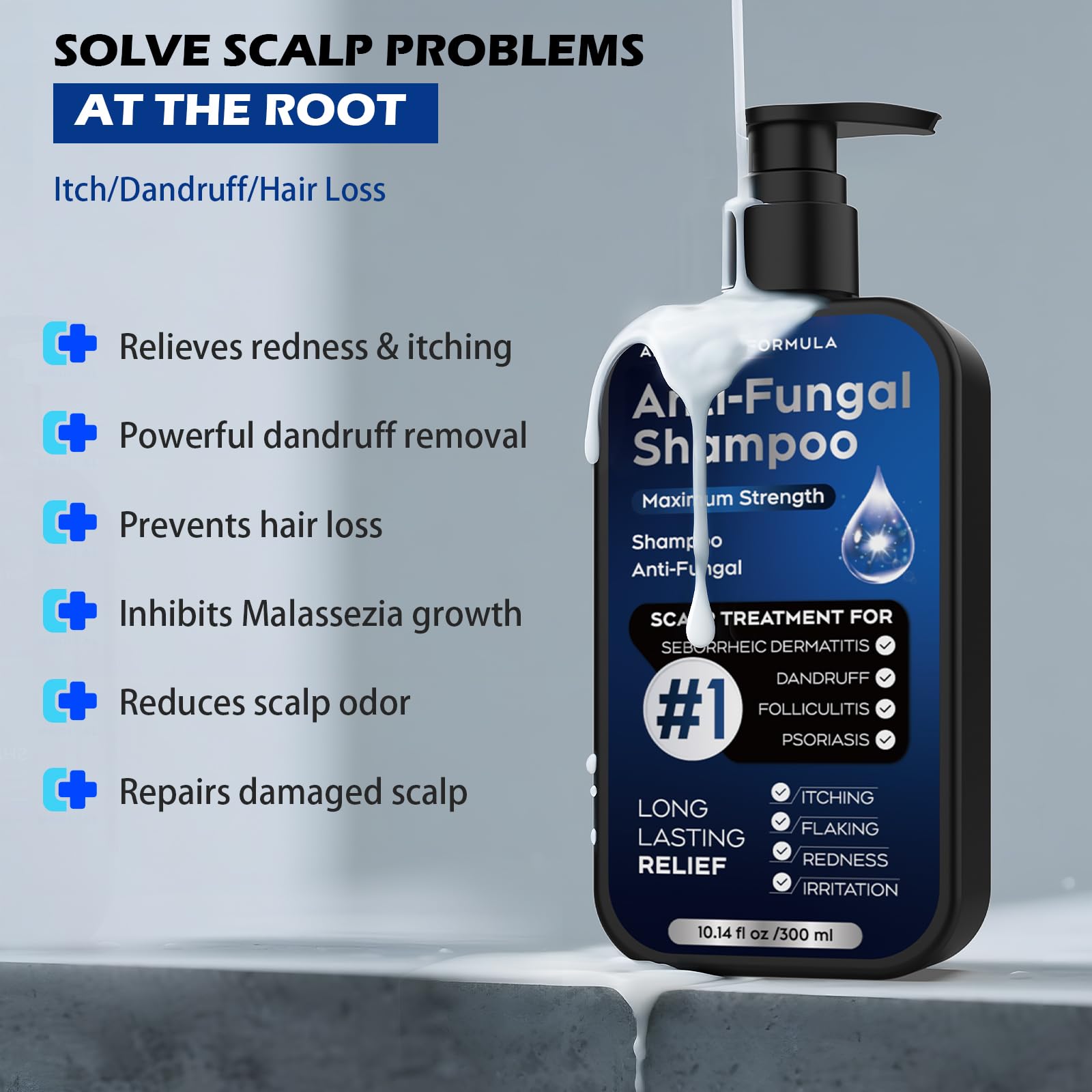 Dark Gray Antifungal Psoriasis Shampoo for Seborrheic Dermatitis, Folliculitis & Scalp Psoriasis, Anti-Dandruff Shampoo for Men & Women, Relieves Scalp Itching, Dryness, Sulfate & Paraben-Free, 10.1 Fl Oz-Fresh