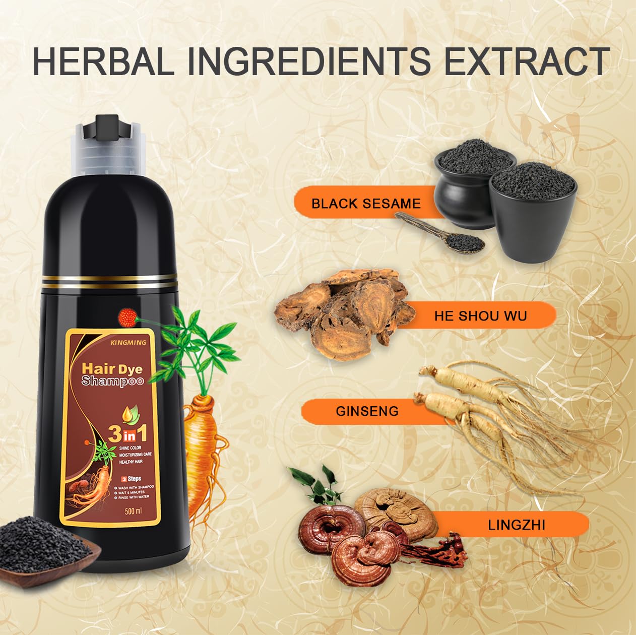 Antique White KINGMING Dark Brown Herbal Instant Color Shampoo for Gray Hair Coverage for Women & Men - 3 in 1 Champu Con Tinte Para Canas 500ml