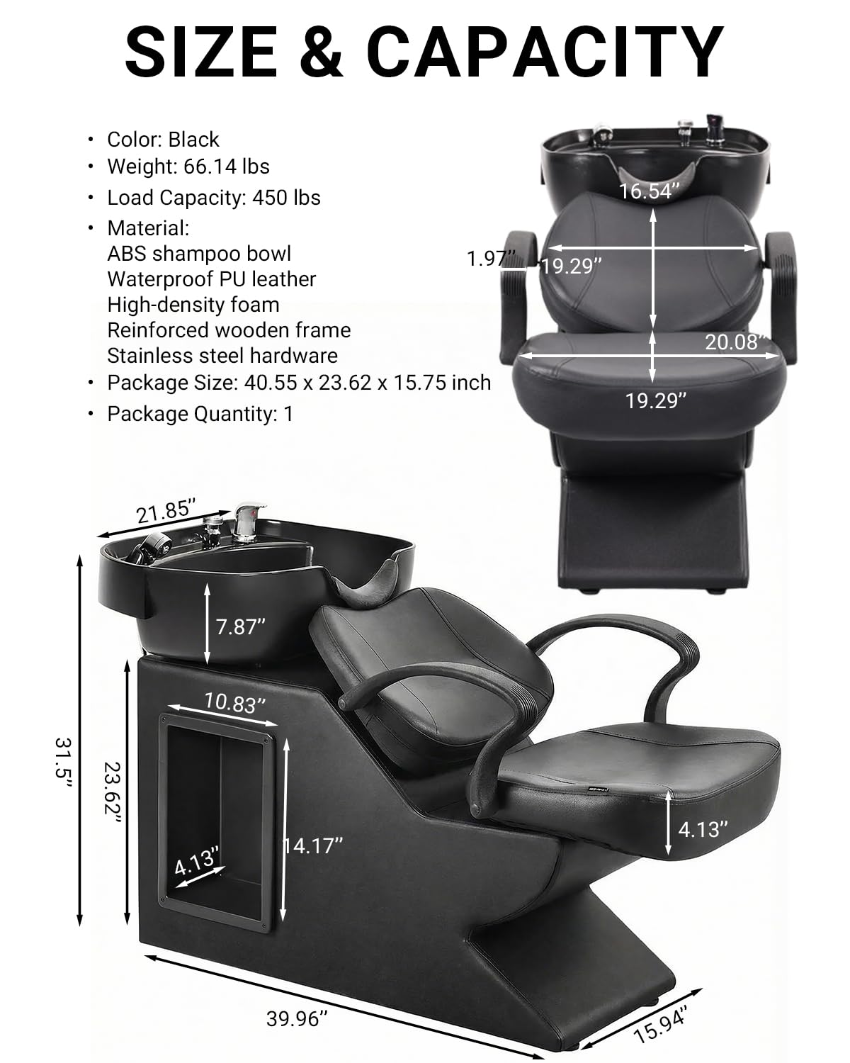White Smoke IJIALIFE Shampoo Bowl and Chair Set for Salon, Hair Washing Station for Hair Stylist, ABS Shampoo Bowl Sink Chair with Side Store Compartment for Spa Beauty Barbershop, Black