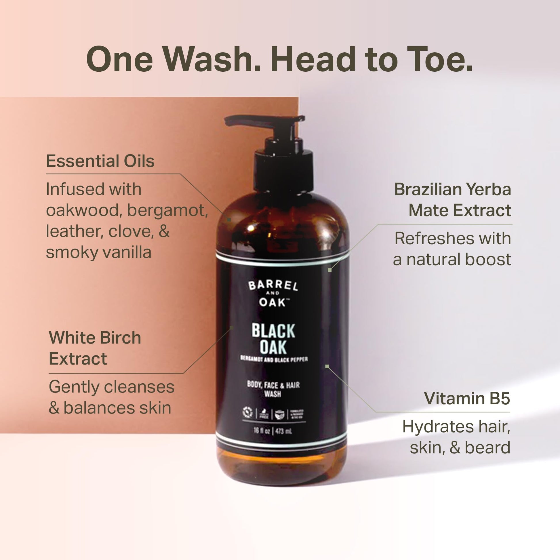 White Smoke Barrel & Oak All-in-One Wash for Face, Hair, & Body, Vegan & Hydrating Face, Shampoo and Body Wash for Men, Grooming Kit Gifts for Men, Black Oak, 16 oz