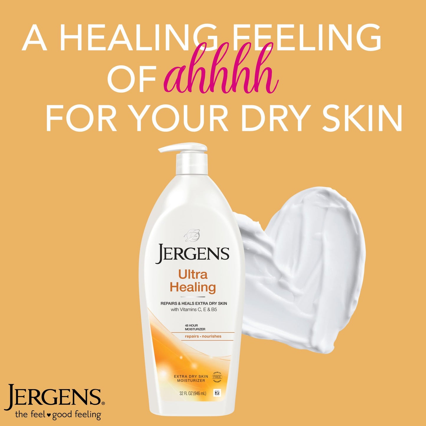 Sandy Brown Jergens Ultra Healing Dry Skin Lotion, Hand and Body Moisturizer for Quick Absorption into Extra Dry Skin with Hydralucence Blend, Vitamins C, E and B5, White, 32oz
