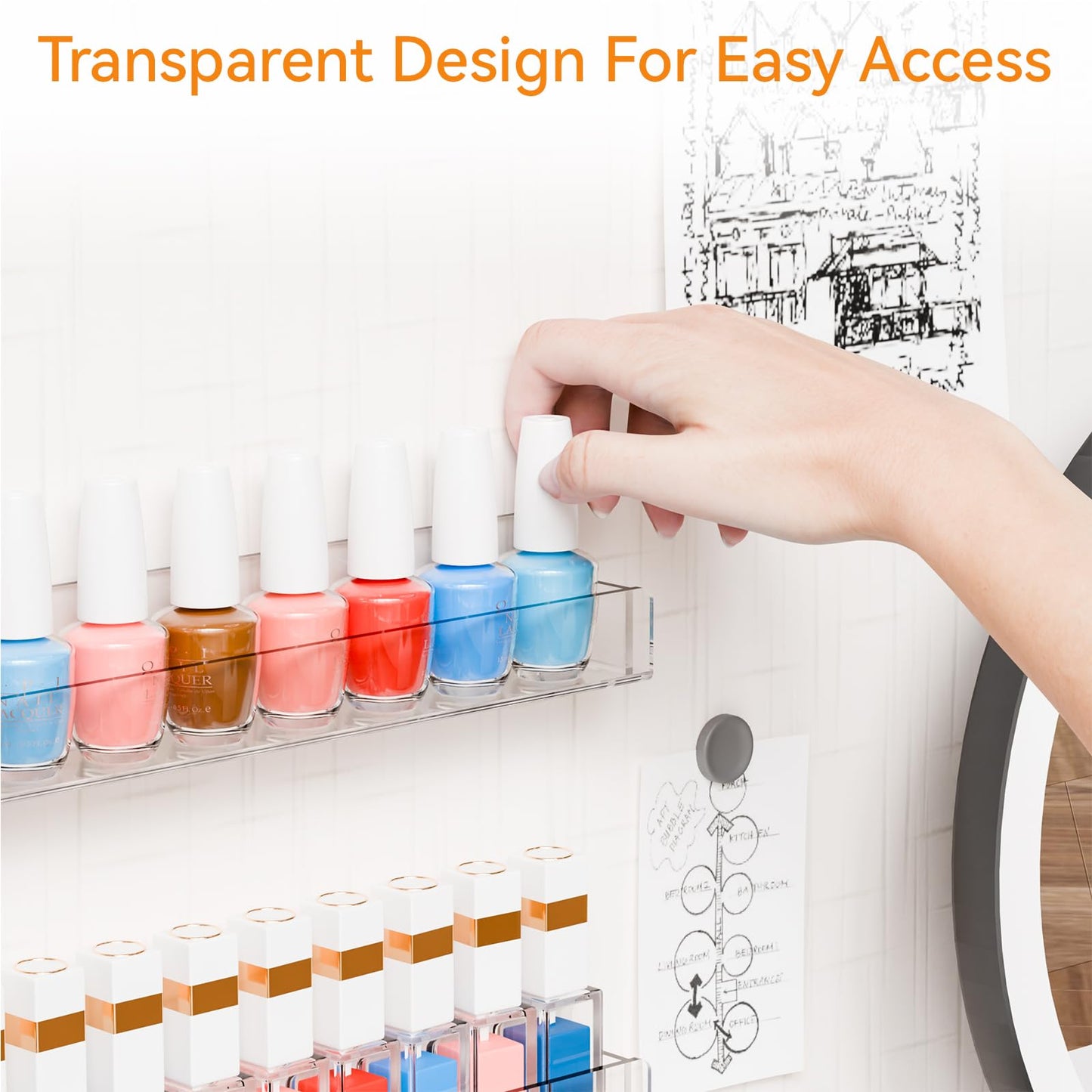 White Smoke Cq acrylic Nail Polish Shelf for Wall,15 Inch 4 Pack Hanging Clear Nail Polish Wall Organizer Shelves for Nail Salon Wall Essential Oil Shelf,Gel Fingernail Polish Holder and Tattoo Studio Decor Paint