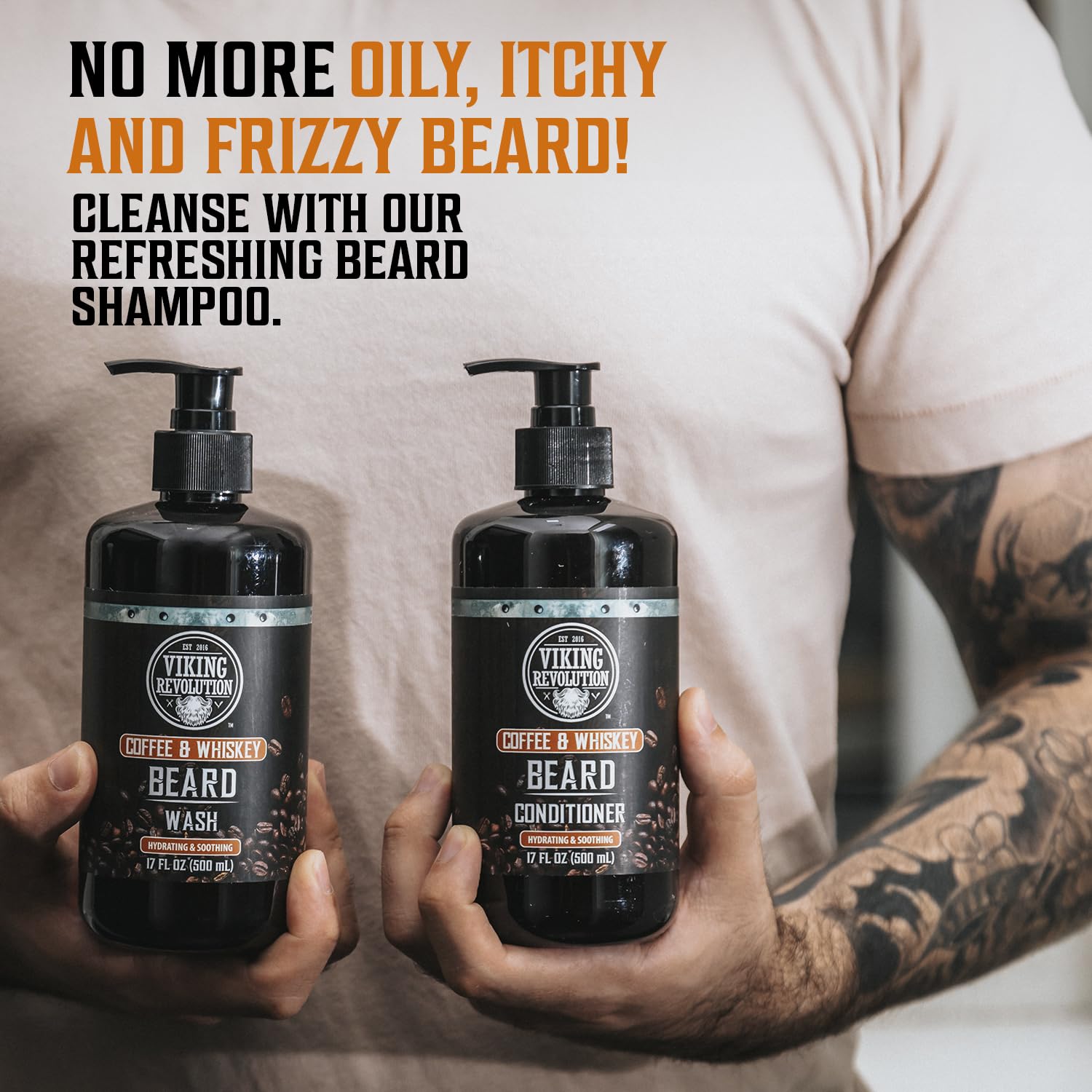 Light Gray Viking Revolution Coffee Whiskey Beard Wash and Beard Conditioner Set with Argan and Jojoba Oils - Softens and Strengthens - Coffee Whiskey Scent - Beard Shampoo with Ginseng Root Extract (17 oz)