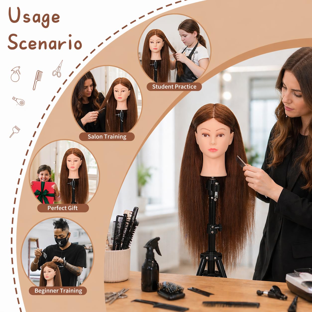 White Smoke Mannequin Head with 100% Real Human Hair 22"-24", Cosmetology Mannequin Head for Hairdresser Practice Braiding, Styling, Cutting and Hair Training（Dark Brown）