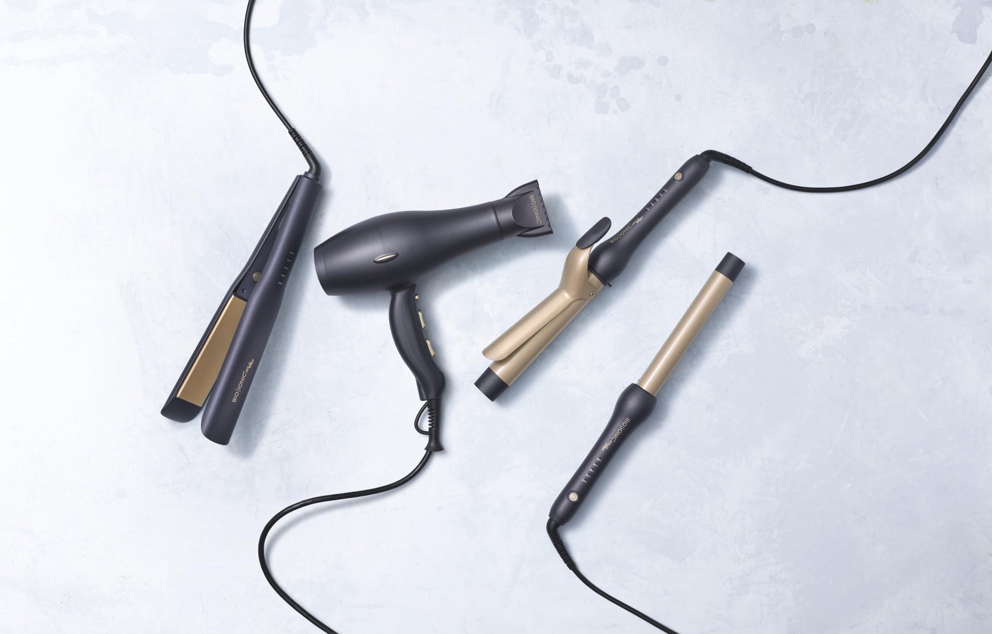 Light Gray Bio Ionic GoldPro 1" Curling Iron, Blue, Moisturising Heat & 24K Gold MX, New & Improved 15% Longer Barrel Ceramic Curling Iron, Adjustable Heat, Versatile Hair Styling Wand for Long-Lasting Curls