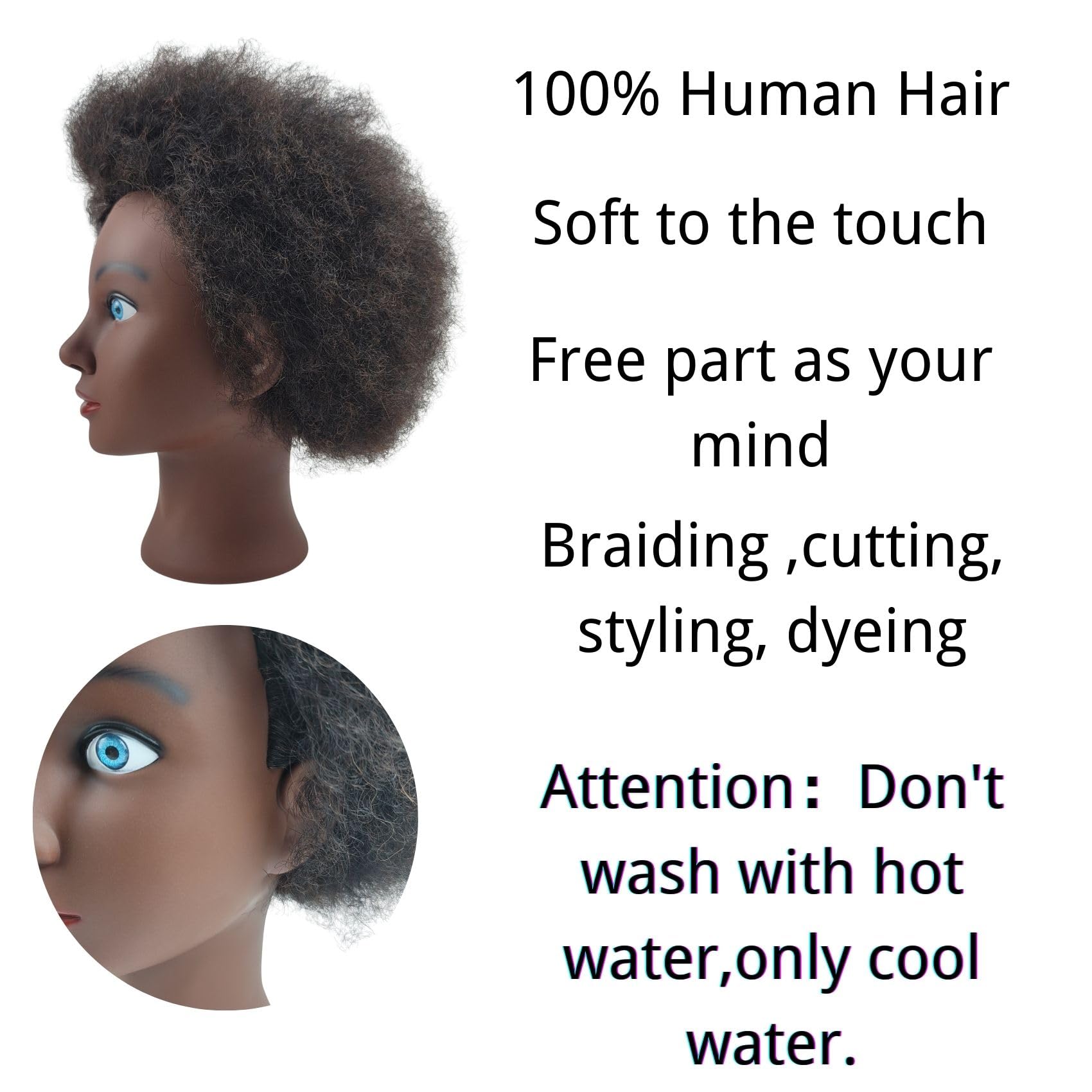 White Smoke Afro Curly Hair Mannequin Head for Braiding Practice, 8" Real Human Hair Mannequin Head for Cosmetology Students Mannequin Doll Head for Hair Styling Kids