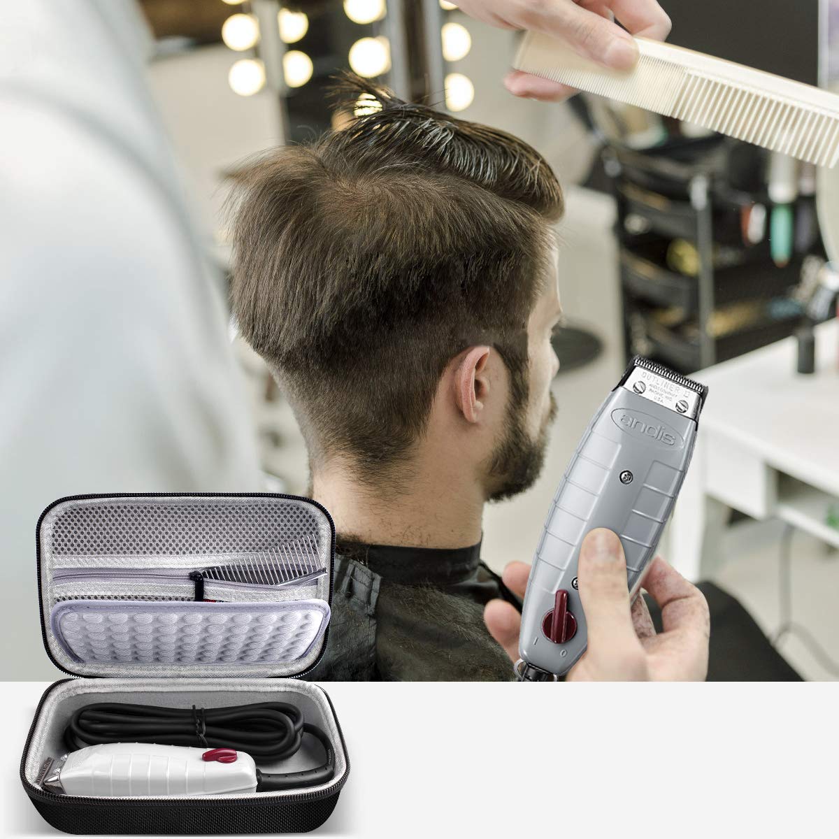 White Smoke Case for Andis Professional T-Outliner Beard & Hair Trimmer, Model GTO 04780/04710/04603/04775, with Mesh Pocket for Attachment Set - Bag Only (Black+Grey Inner)