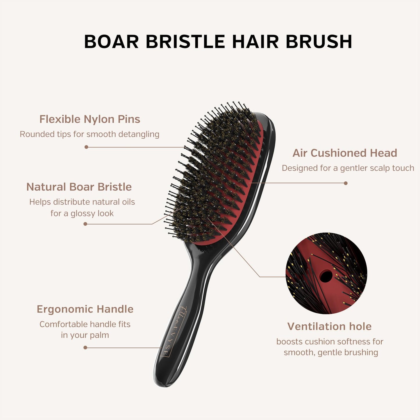 White Smoke Ellen Evyse Boar Bristle Hair Brush, Nylon Pins and Soft Boar Bristles for Smoothing, Detangling, Reducing Breakage and Enhancing Shine, Hairbrush for Women,Men