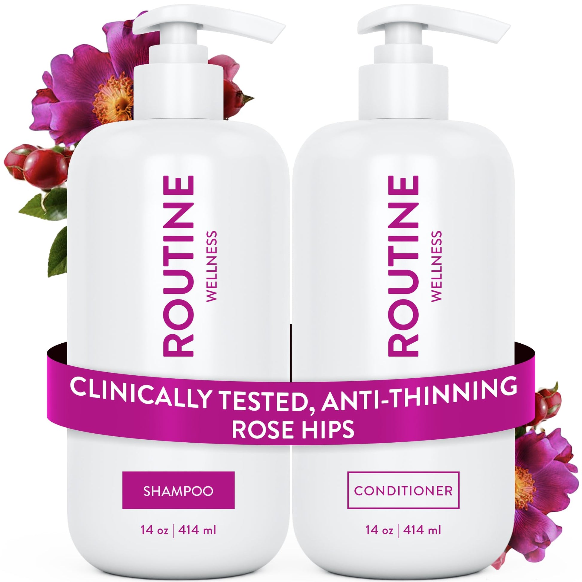 White Smoke Routine Wellness Anti-Thinning Shampoo and Conditioner Set for Thinning Hair - Biotin DHT Blocker Women & Men - Color Safe Shampoo for Hair Loss & Healthier Hair - Rose Hips (Pack of 2)