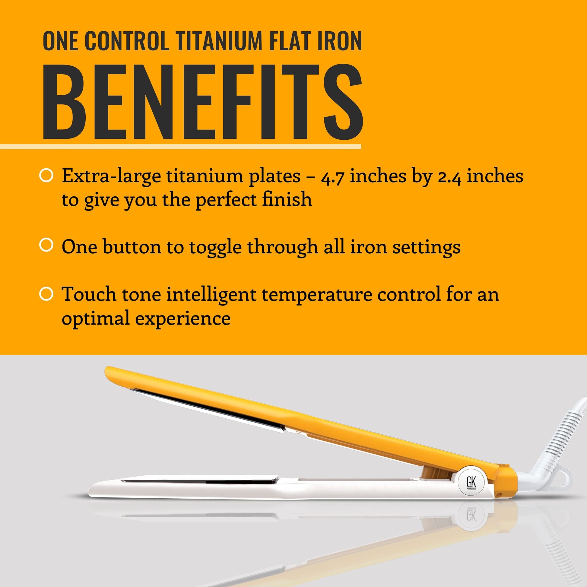 Orange GK HAIR Global Keratin One Control Titanium Styling Flat Iron, 1.5 inches Wide Plates, Auto Shutoff, Professional Straightener, All Hair Types, 150C-232C