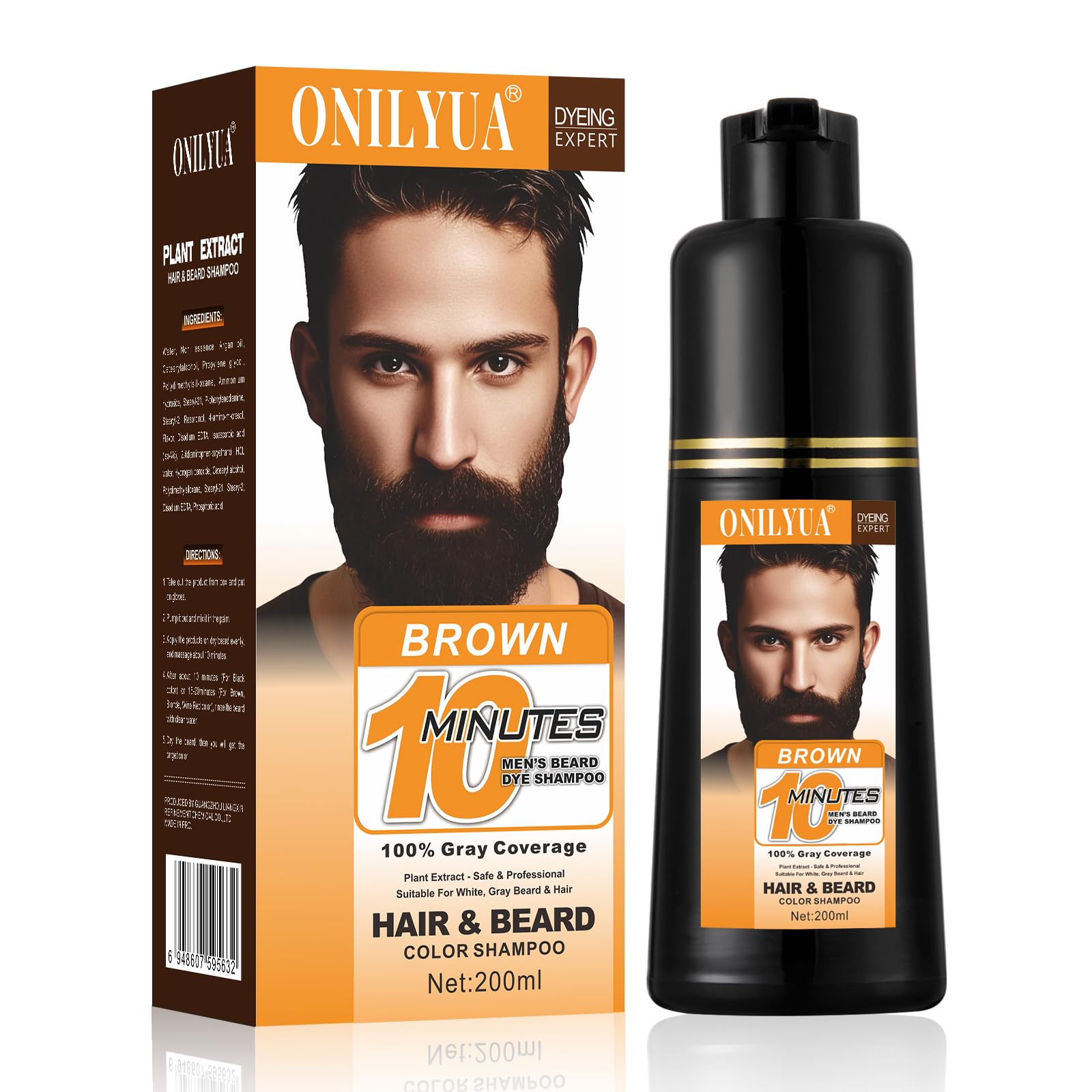 White Smoke Men's Beard Dye, Brown Beard Dye Shampoo for Gray Hair Coverage, Root Touch Up, 3 in 1 Simpler Hair Color for Men, Long Lasting Hair Dye Shampoo for Beard & Mustache, 200 ml