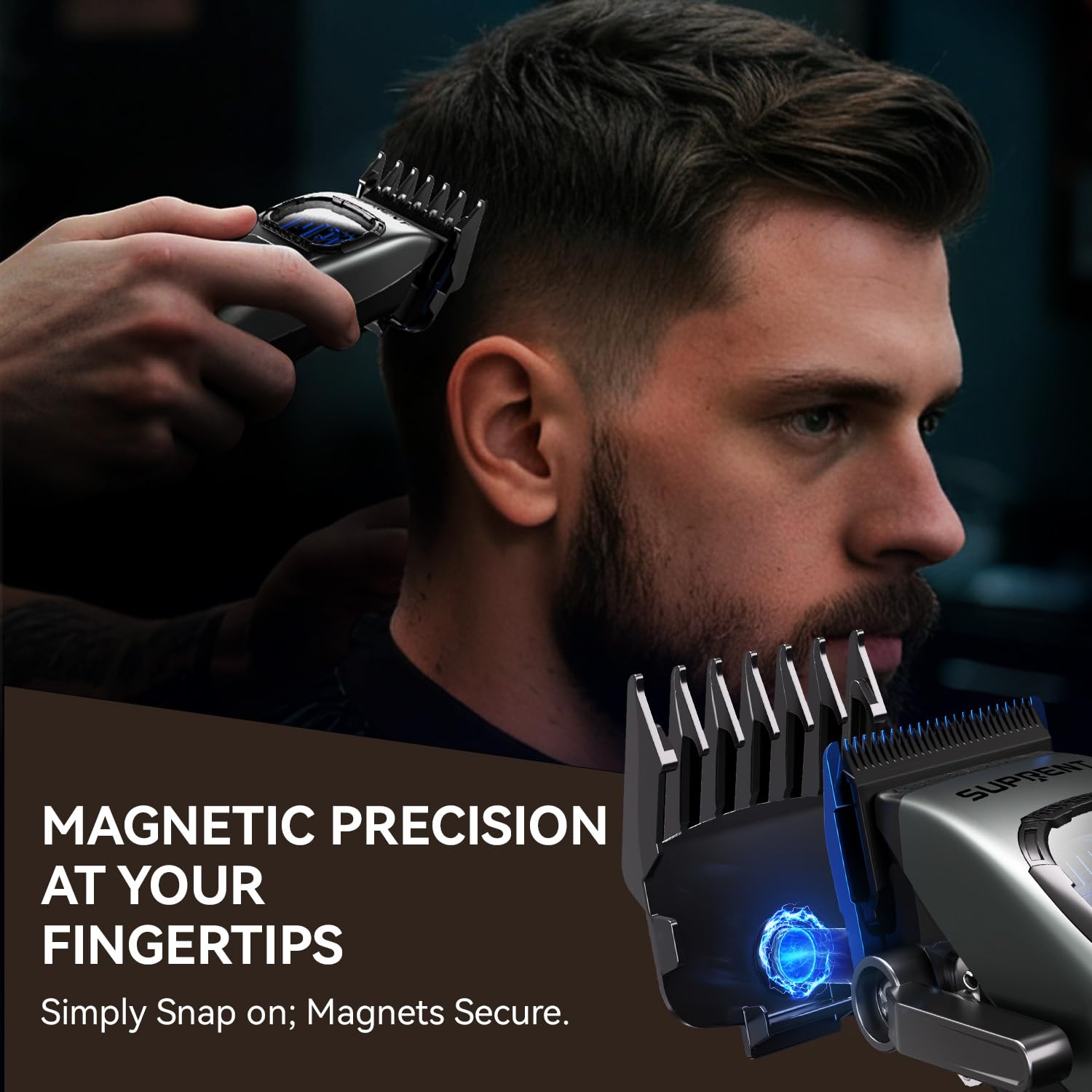 Black SUPRENT StormGray Professional Hair Clippers for Men - Cordless Barber Clippers & Zero-gapped Trimmer Set, Haircutting Kit with High Performance Motor, Blue Titanium-Coated Blades, Charging Stands