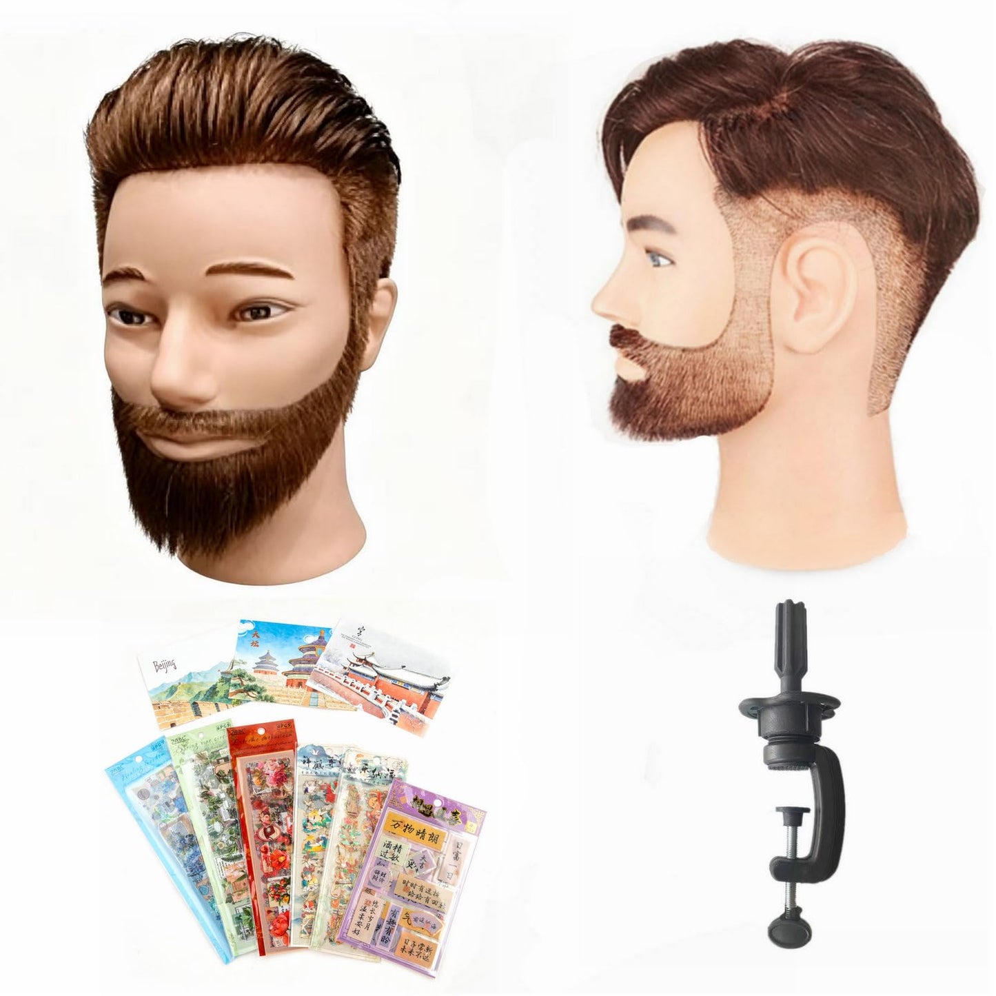 White Smoke Romance Queen Male Mannequin Head With Hair Human Hair Manikin For Men Cosmetology 8inch Straight Beard Manikin Head With Human Hair with Stand Practice Cutting Styling (8inch)