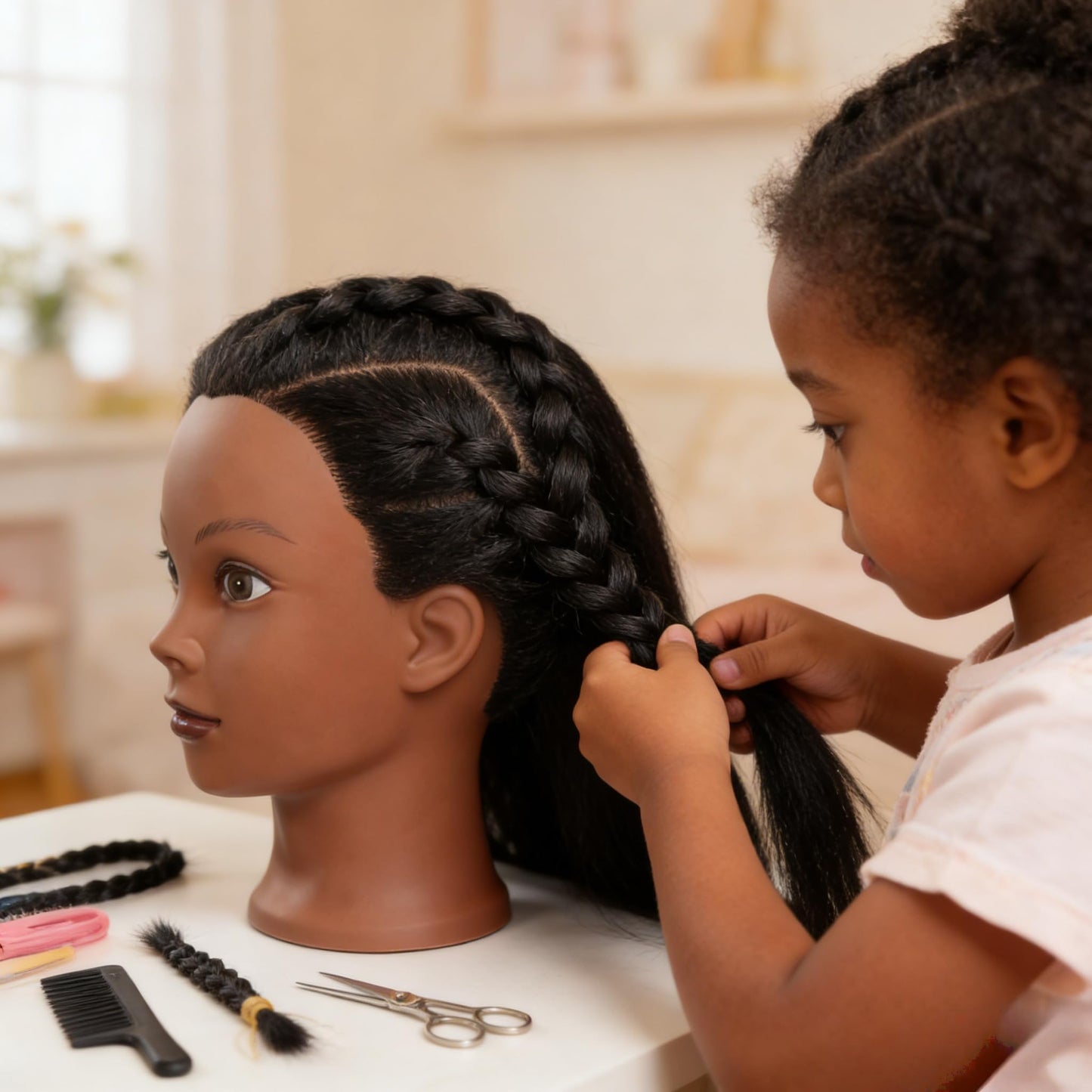 Tan Yiifiulyn African Mannequin Head with 100% Real Hair, Cosmetology Doll Head for Hairdresser Practice Hair Styling - Mannequin Head for Kids Practice Braiding Hair