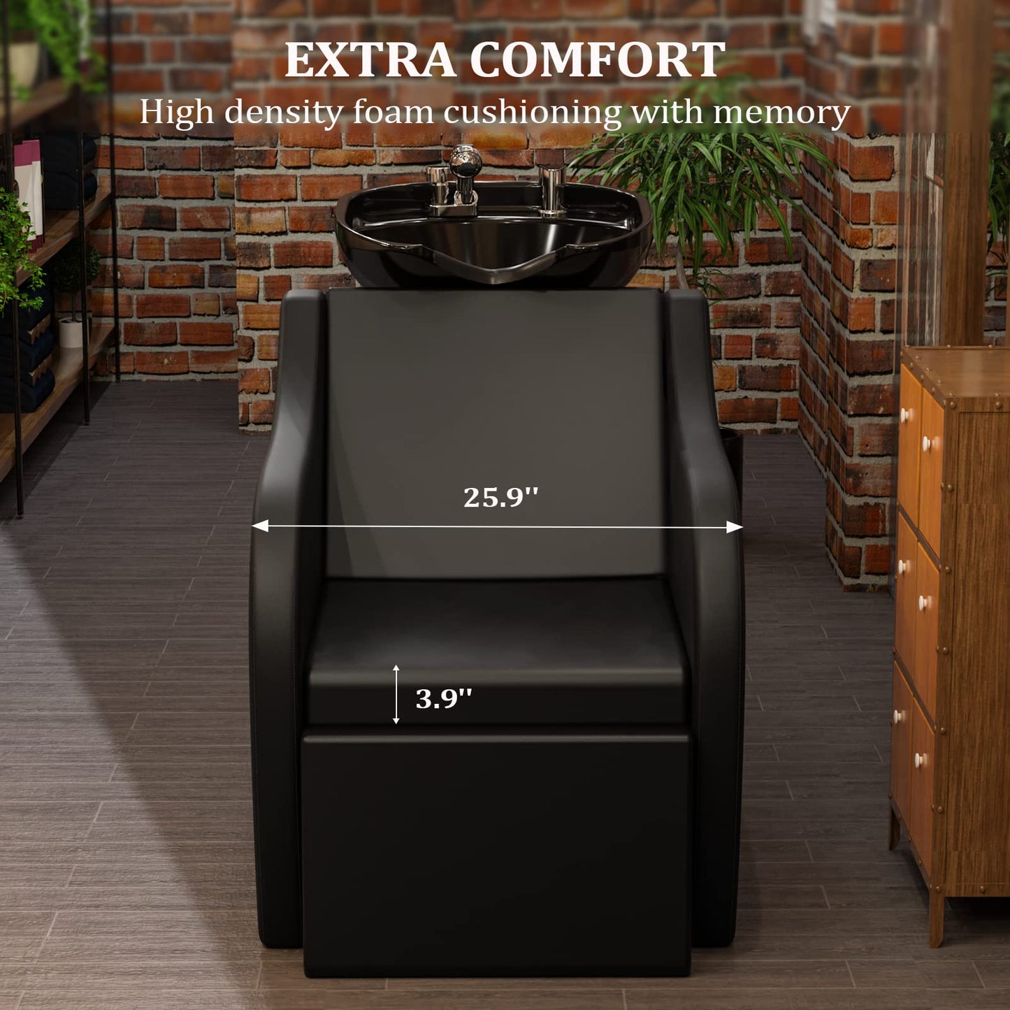 Black OmySalon Shampoo Bowls for Salon Electric Shampoo Chair with Reclining Legrest & Tilting Porcelain Shampoo Sink, Hair Washing Station Backwash Barber Chair, Shampoo Unit for Beauty Spa Barbershop