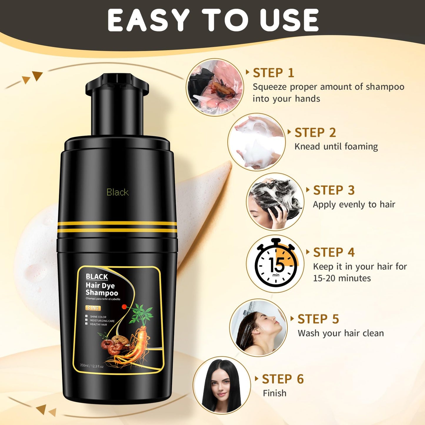 Seashell IIIMEIDU Black Hair dye Shampoo 3 in 1, Natural Hair Color Shampoo for Gray Hair, Tinte Para el Cabello for Women and Men 100% Grey Coverage, 350ml