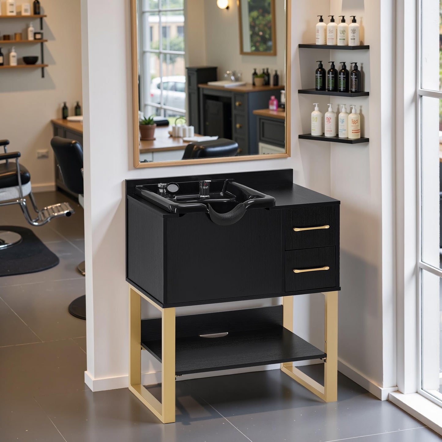 Black BarberPub Shampoo Cabinet with Sink, Modern Salon Backwash Station with Bowl, Neck Rest, 2 Drawers, Storage Shelf,Hot & Cold Control 7135 (Black)