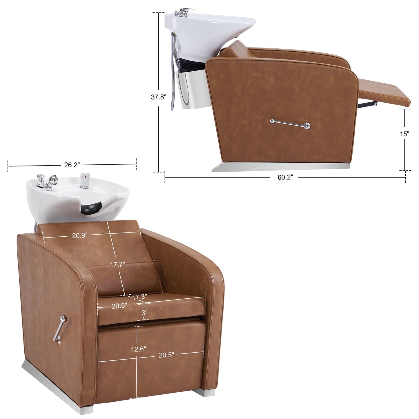 White Smoke BarberPub Backwash Shampoo Station Chair, Adjustable Porcelain Ceramic Hair Wash Bowl Sink Unit Station, Reclining Shampoo Station Chair for Spa Beauty Salon Hair Salon Equipment 9303 (Brown)