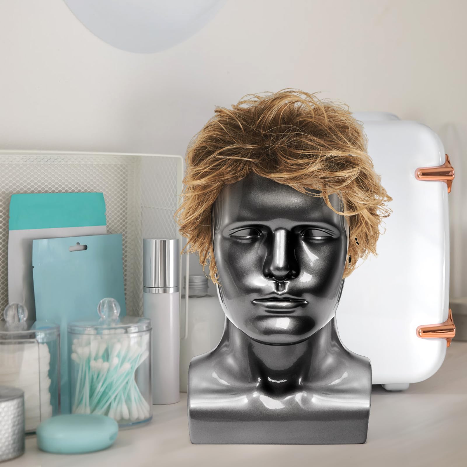 Gray Peohud Male Mannequin Head, Professional Manikin Head, Bald Training Head for Display Wigs, Hats, Sunglasses, Headphone