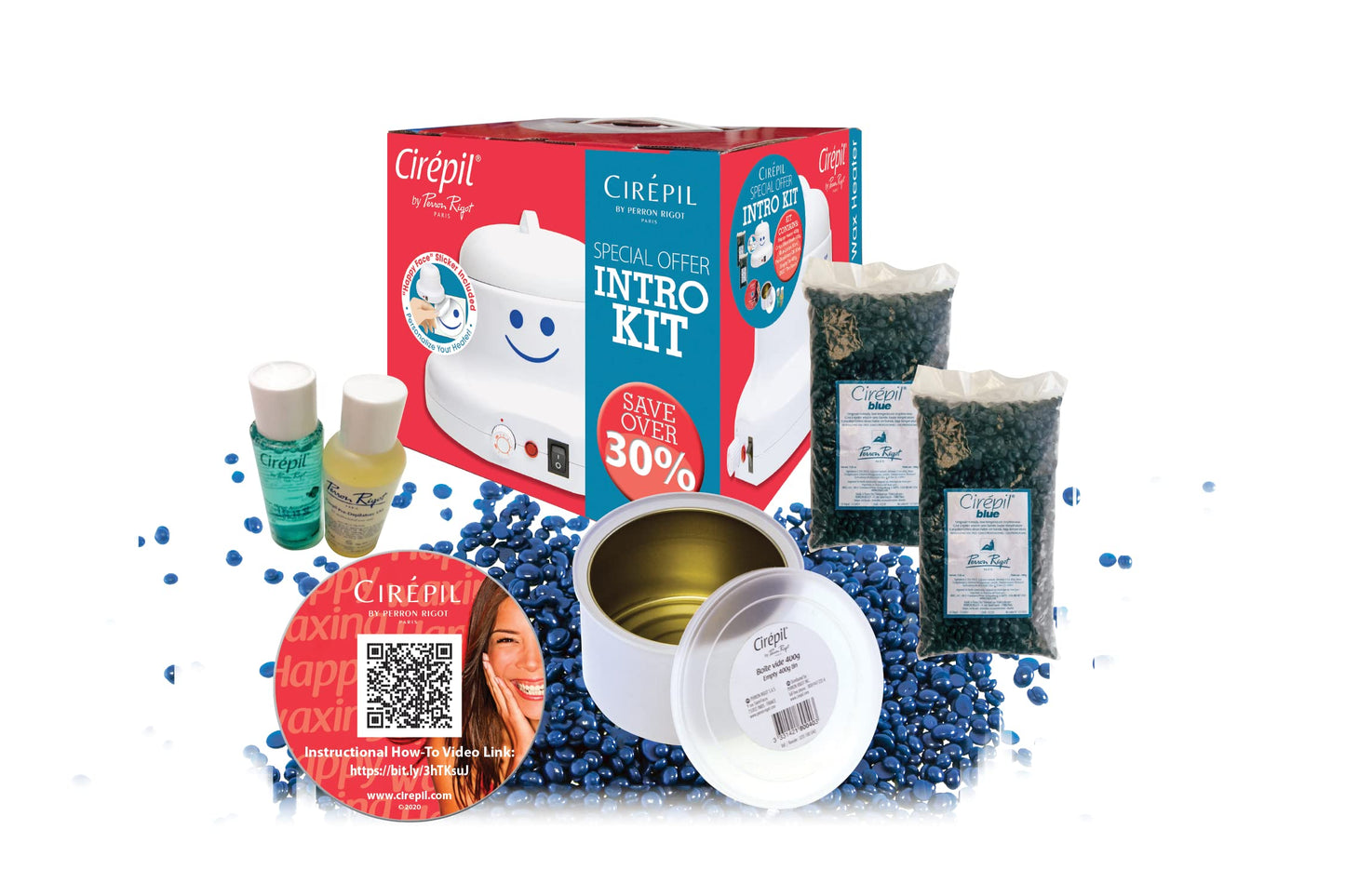 White Smoke Cirepil - Intro Waxing Kit - Professional Hard Wax Kit for Hair Removal - Includes Happy Heater, Original Blue Wax Beads, Pre & Post Care - DIY Salon Results for Sensitive Skin, Brazilian & Body