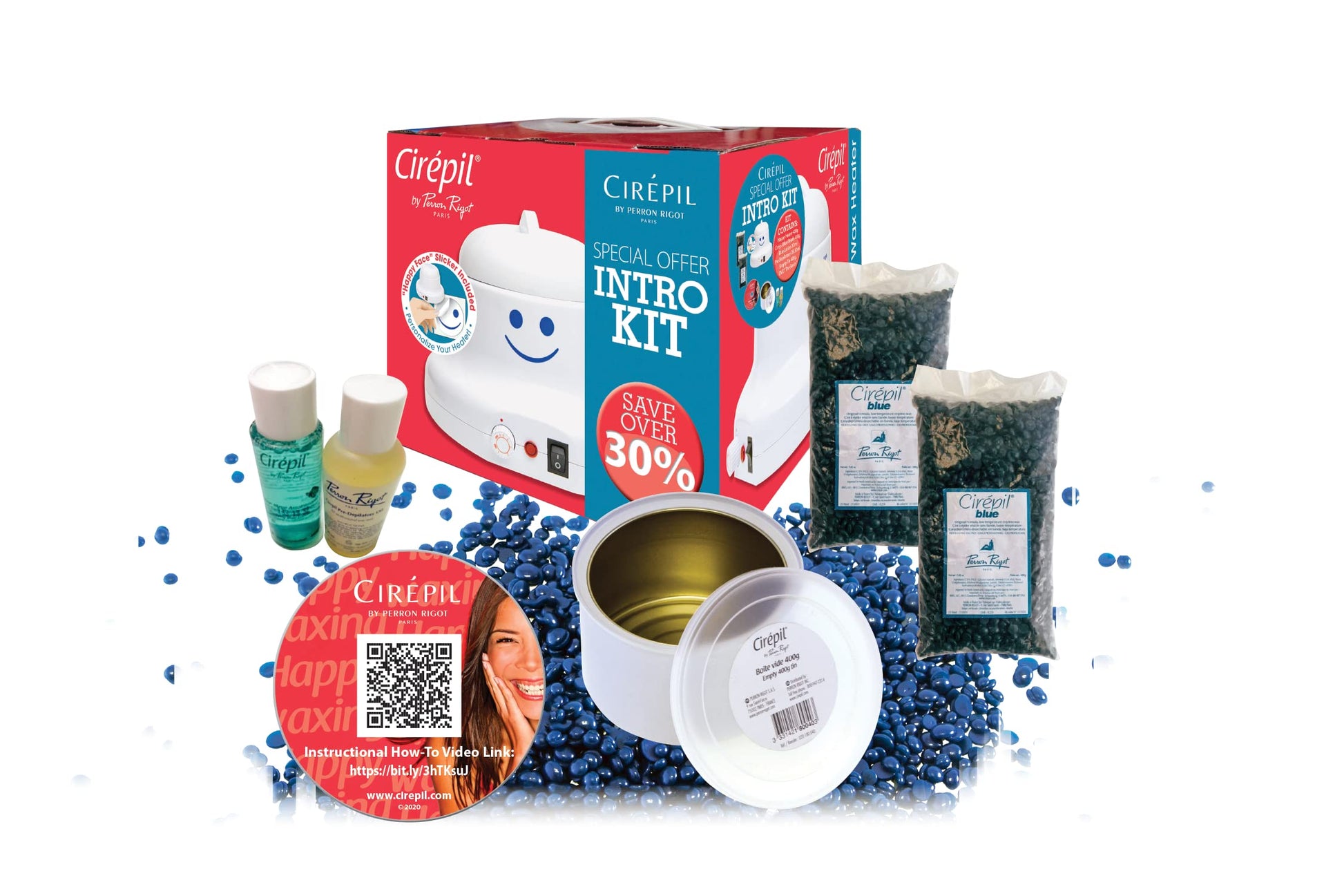 White Smoke Cirepil - Intro Waxing Kit - Professional Hard Wax Kit for Hair Removal - Includes Happy Heater, Original Blue Wax Beads, Pre & Post Care - DIY Salon Results for Sensitive Skin, Brazilian & Body