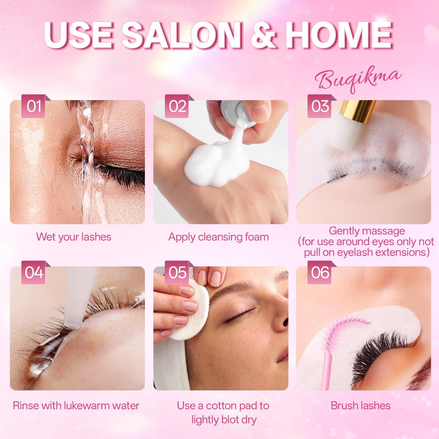 Misty Rose Buqikma Lash shampoo for Eyelash Extension, 60Ml/2.02 fl.Oz Eyelash Shampoo Kit with Lash Wash Brushes Gentle Lash Extension Cleanser for Professional Salon and Home Eyelash Care