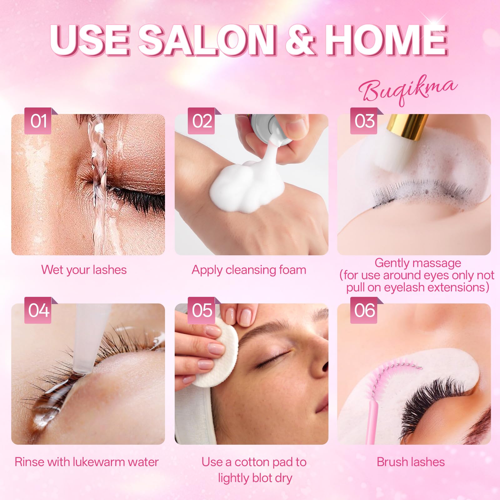 Misty Rose Buqikma Lash shampoo for Eyelash Extension, 60Ml/2.02 fl.Oz Eyelash Shampoo Kit with Lash Wash Brushes Gentle Lash Extension Cleanser for Professional Salon and Home Eyelash Care