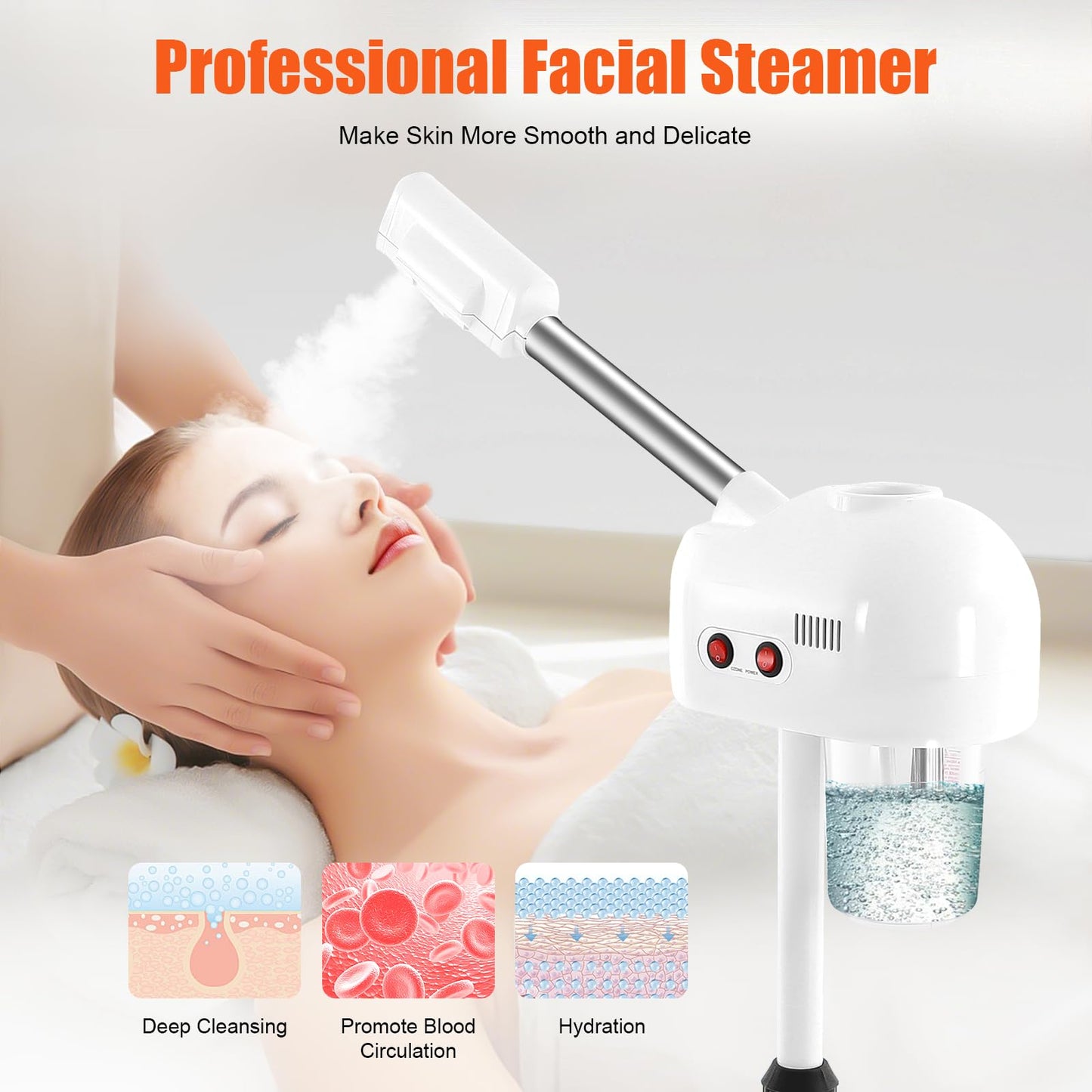 Light Gray Facial Steamer, Professional Ozone Face Steamer Hot Ozone Beauty Salon Spa Skin Care Equipment 360° Rotatable for Personal Care Use at Home and Salon